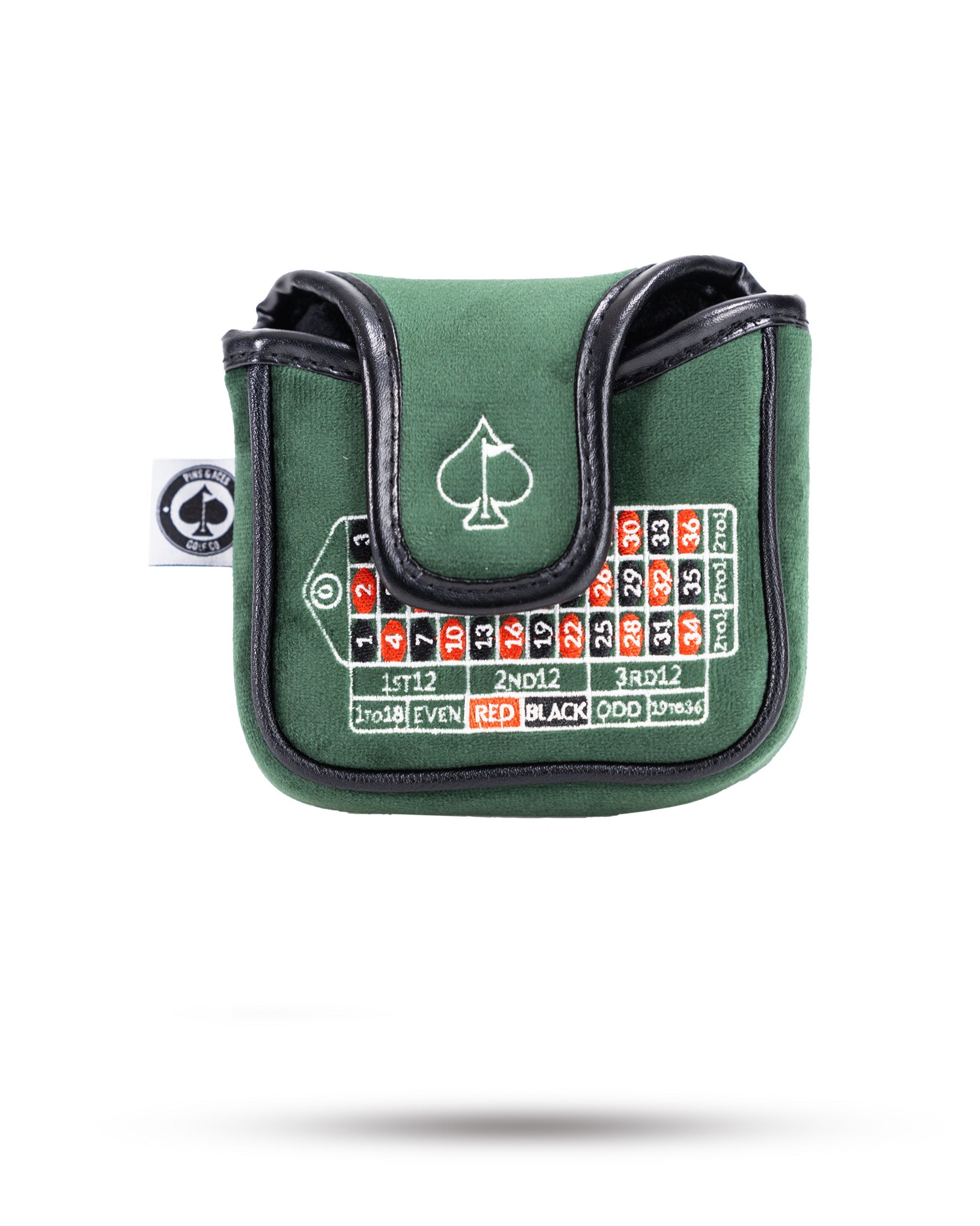 Alt text: "Roulette-themed mallet putter cover featuring a vibrant casino design with red and black colors, ideal for golf enthusiasts."