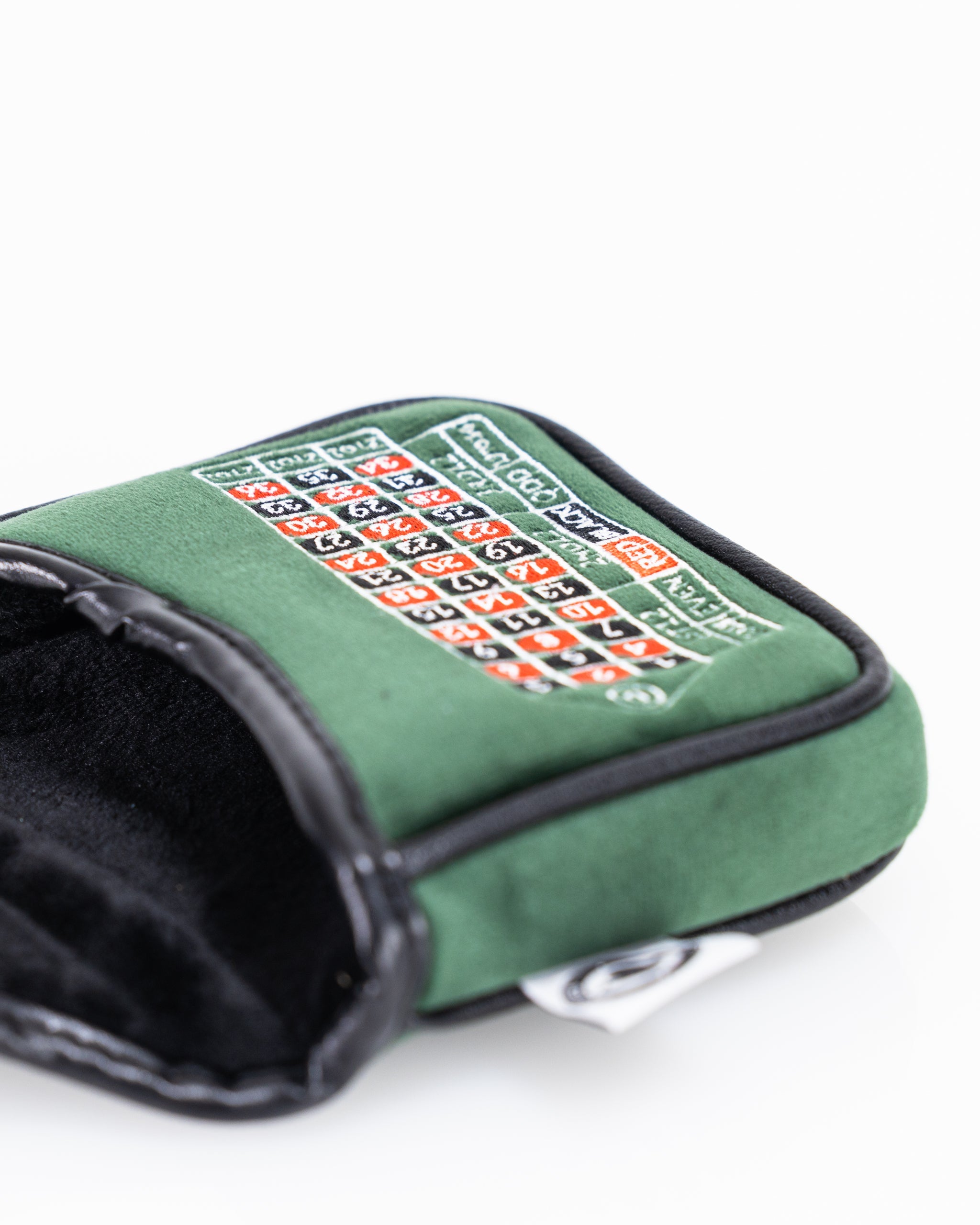 "Roulette-themed mallet putter cover with vibrant casino graphics"