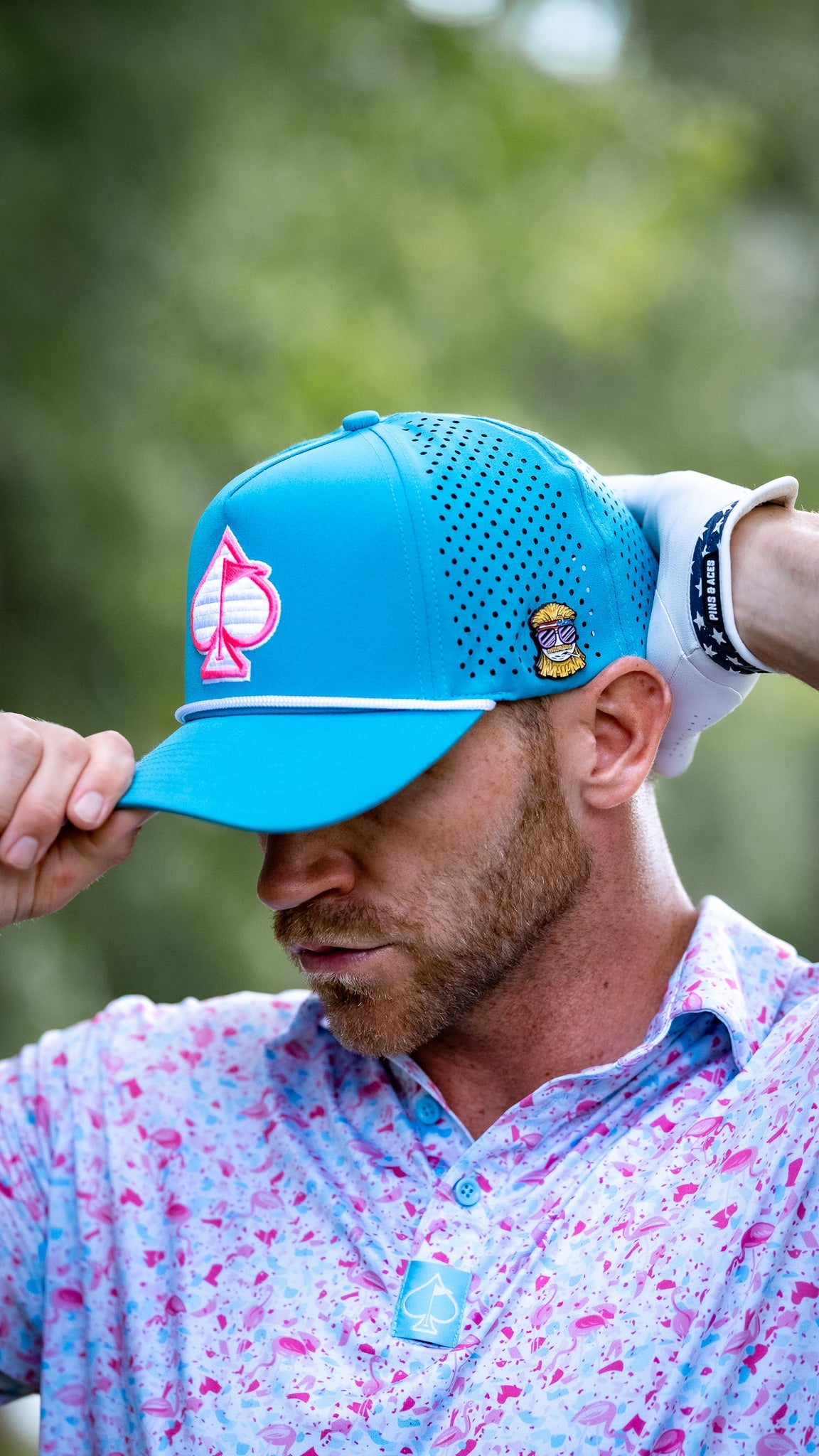 Perforated baby blue rope hat with a stylish design.