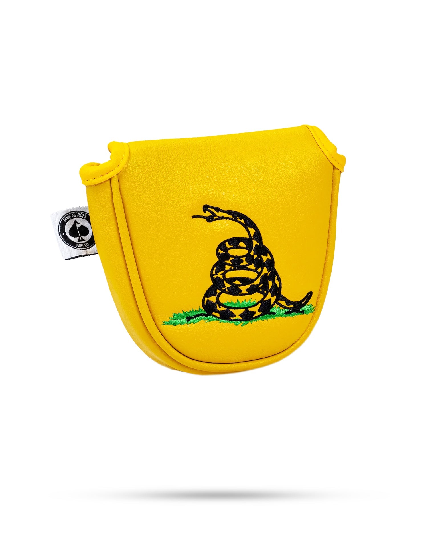 Don't Tread on Me mallet putter cover featuring a bold yellow snake design on a dark background, designed to protect golf putters.