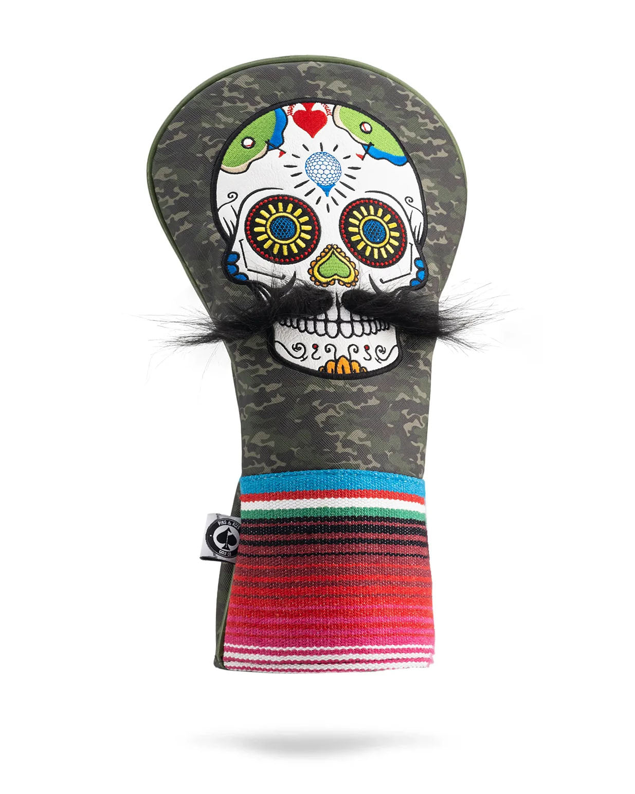Mustache Sugar Skull driver cover in green camo design, featuring a colorful sugar skull motif with a mustache, ideal for golf enthusiasts.