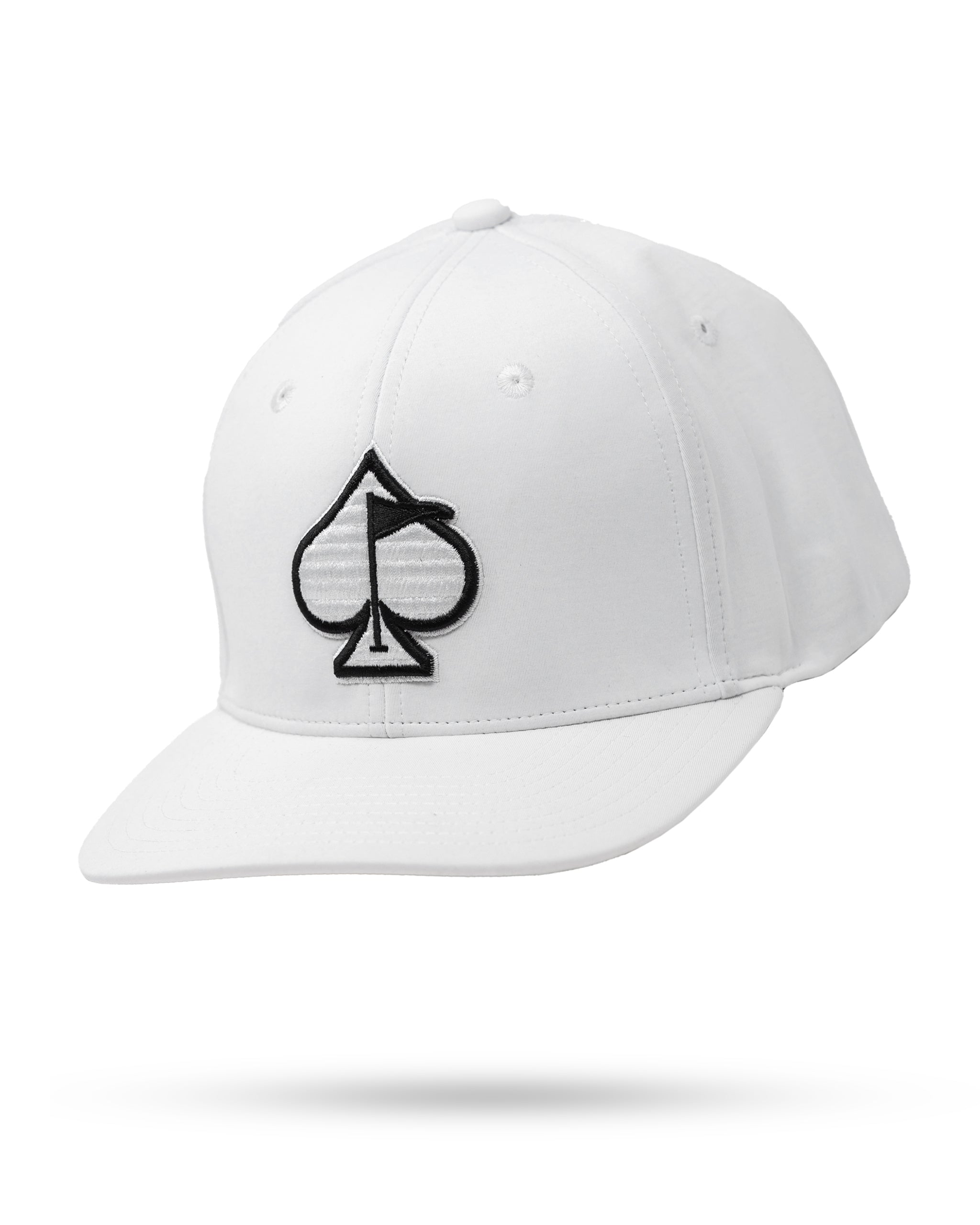 Performance Spade Hat in White, featuring a sleek design and adjustable strap for a comfortable fit.