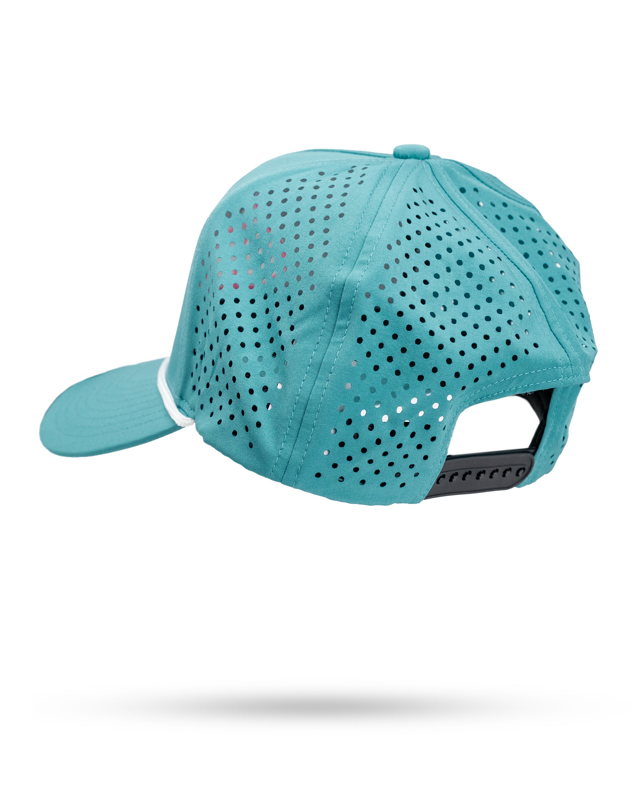 Perforated baby blue rope hat displayed on a white background.