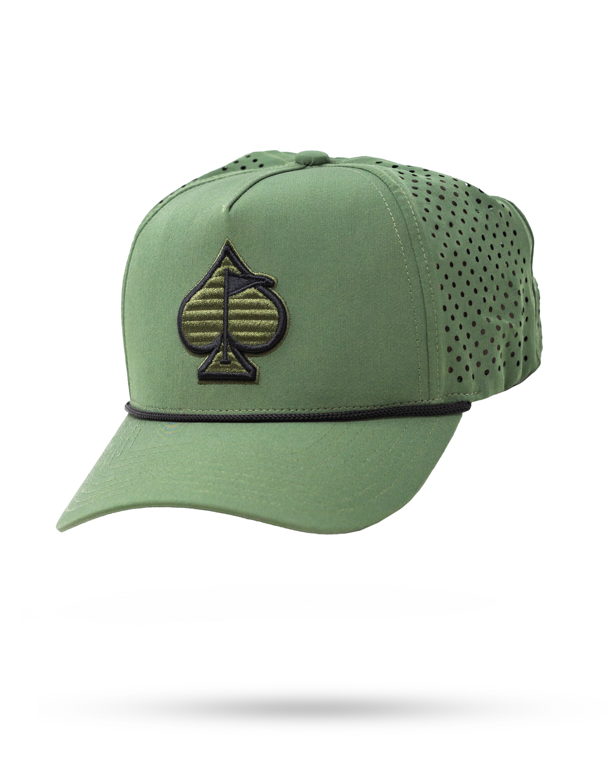 Olive perforated rope hat with adjustable strap and a stylish design.