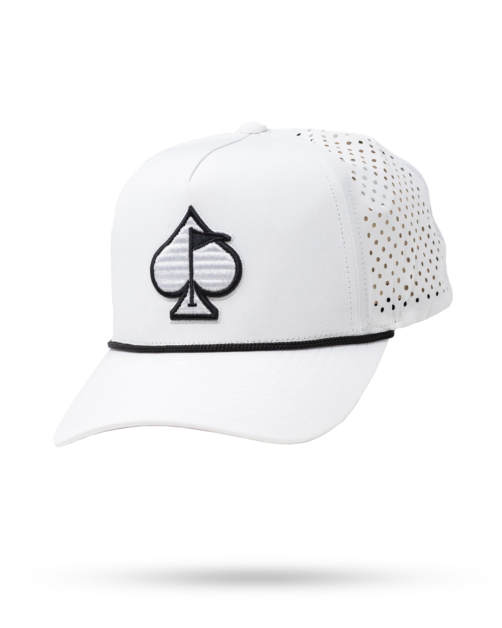 White perforated rope hat with adjustable strap, ideal for outdoor activities.