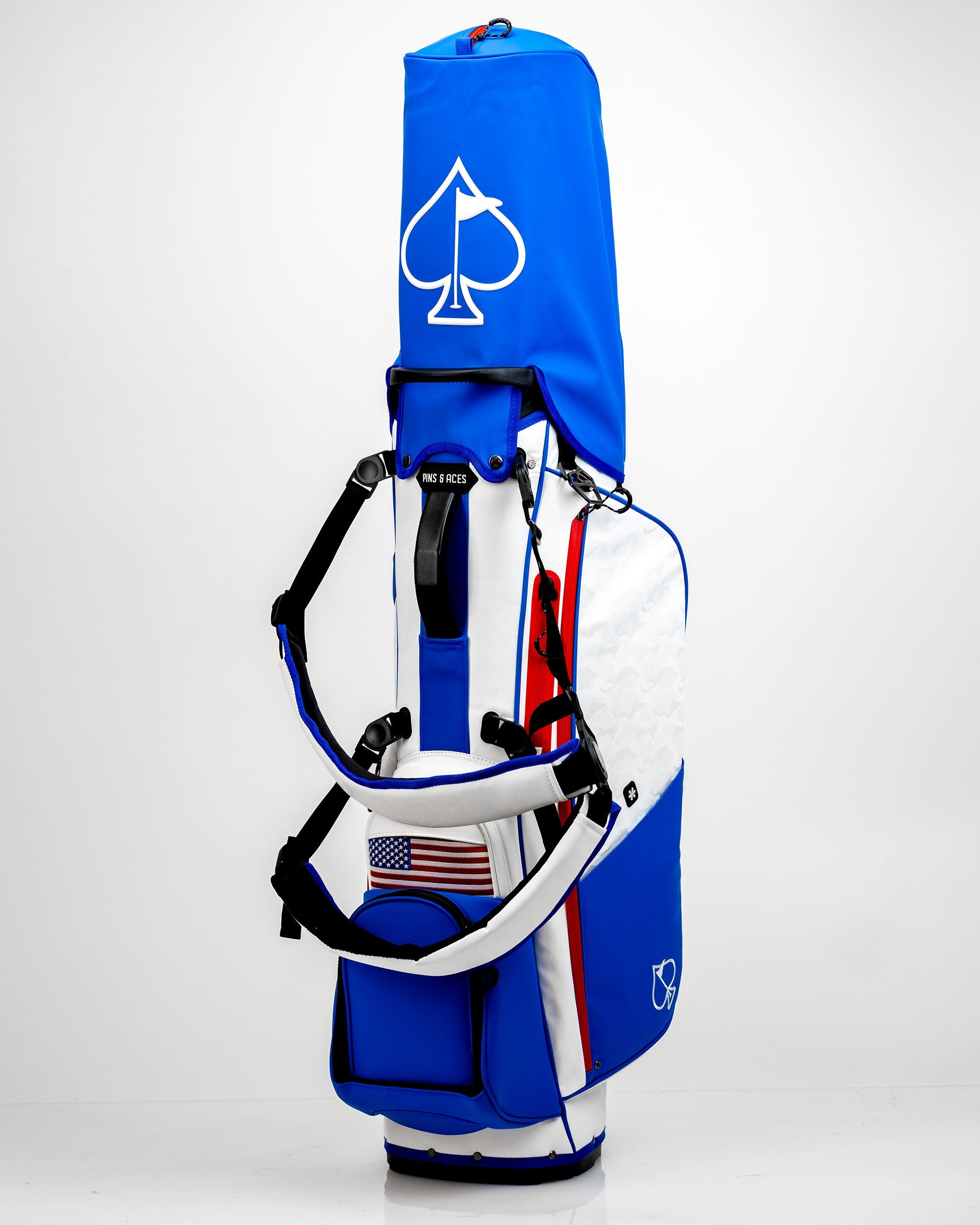 Player Preferred™ Golf Bag in red and black with multiple pockets and a padded strap, featuring the Golf of America logo.