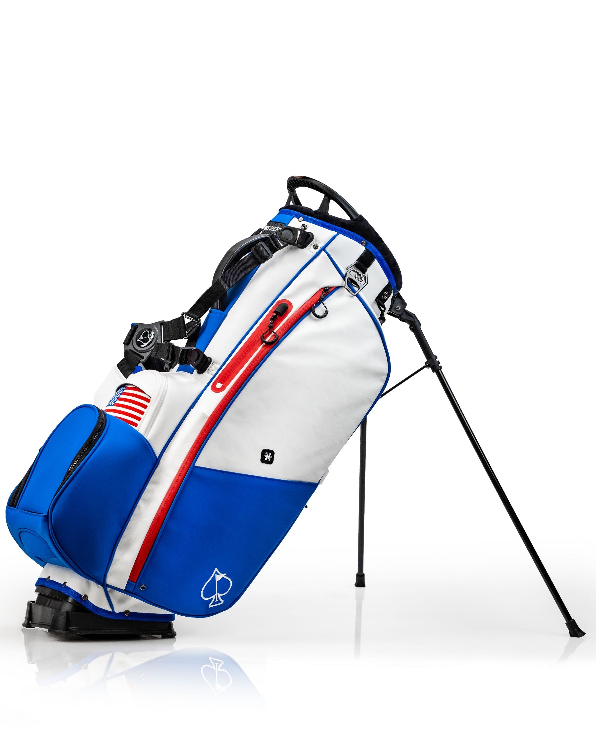 Alt text: Player Preferred™ Golf Bag in black and red with a padded strap and multiple pockets for golf accessories.