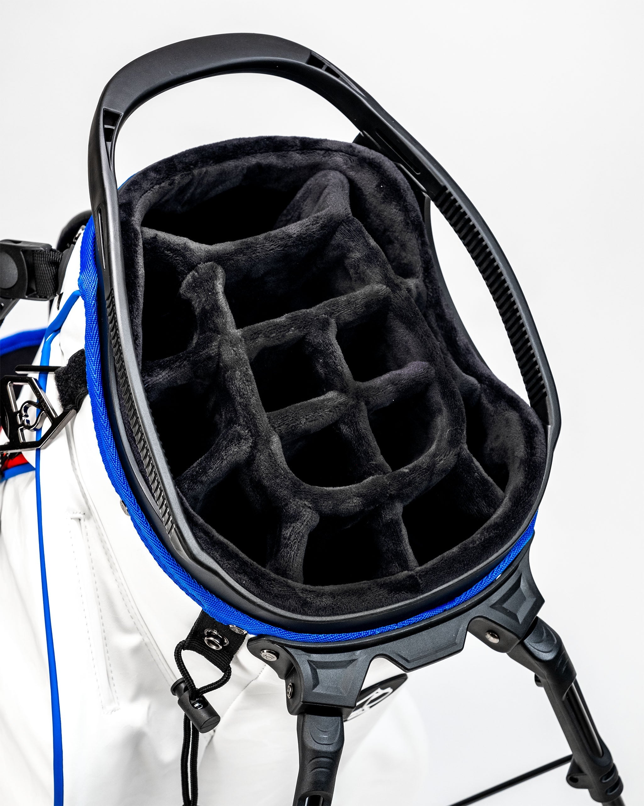 Player Preferred™ Golf Bag in red and black with multiple pockets and padded straps, featuring the Golf of America logo.