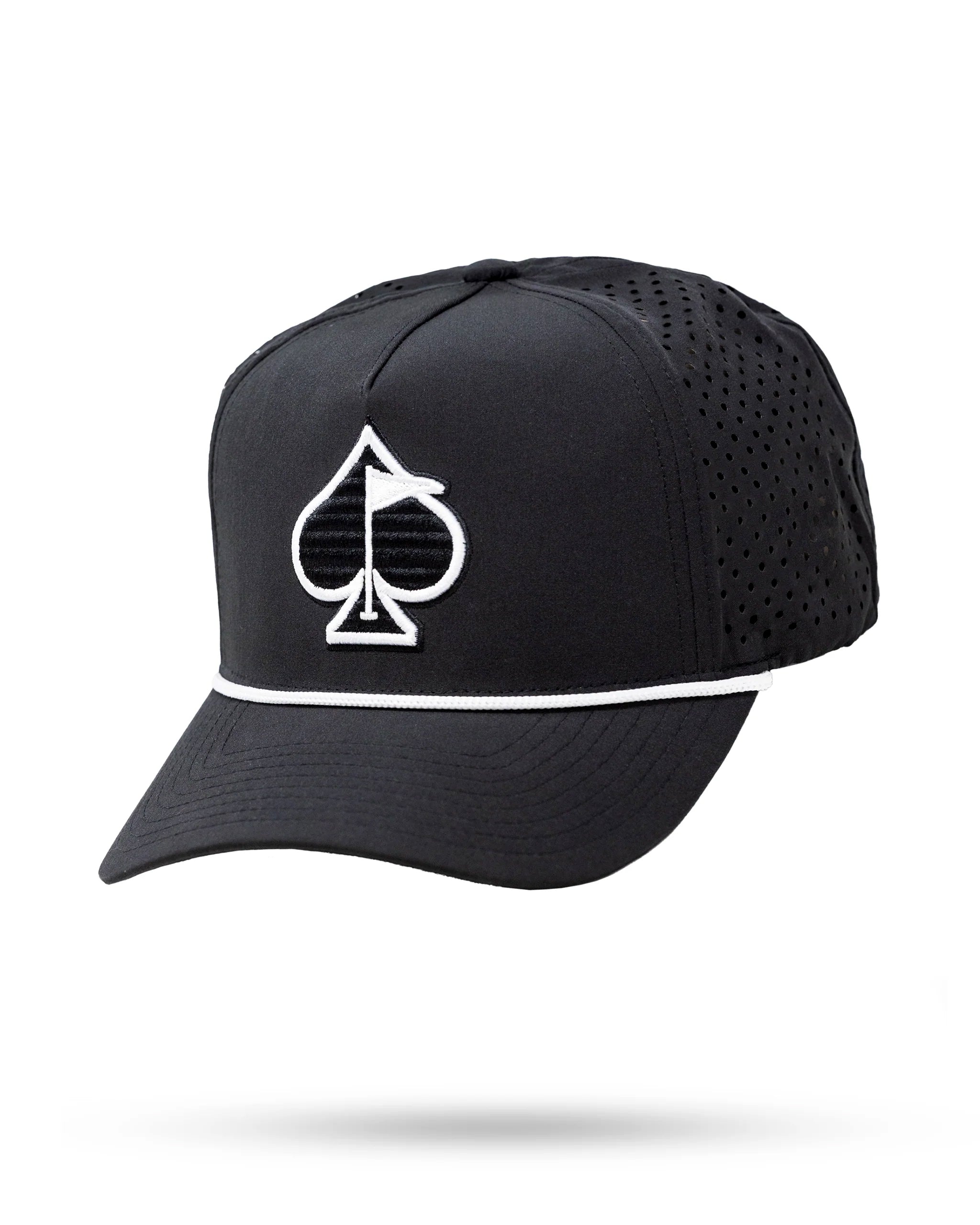 Black perforated rope hat with a stylish design, featuring a wide brim and adjustable chin strap.