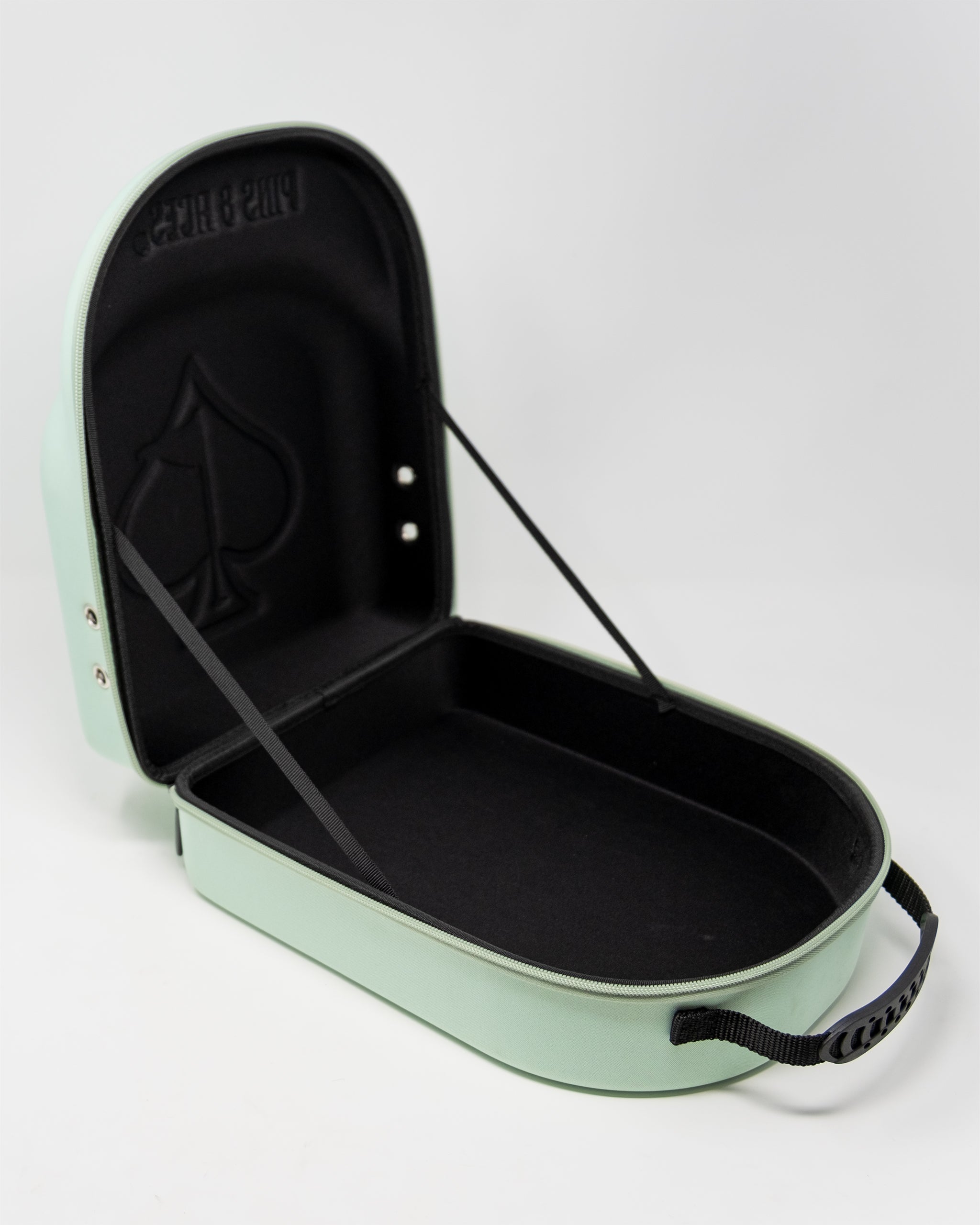 Teal Hat Caddie storage for hats, shown open and empty.