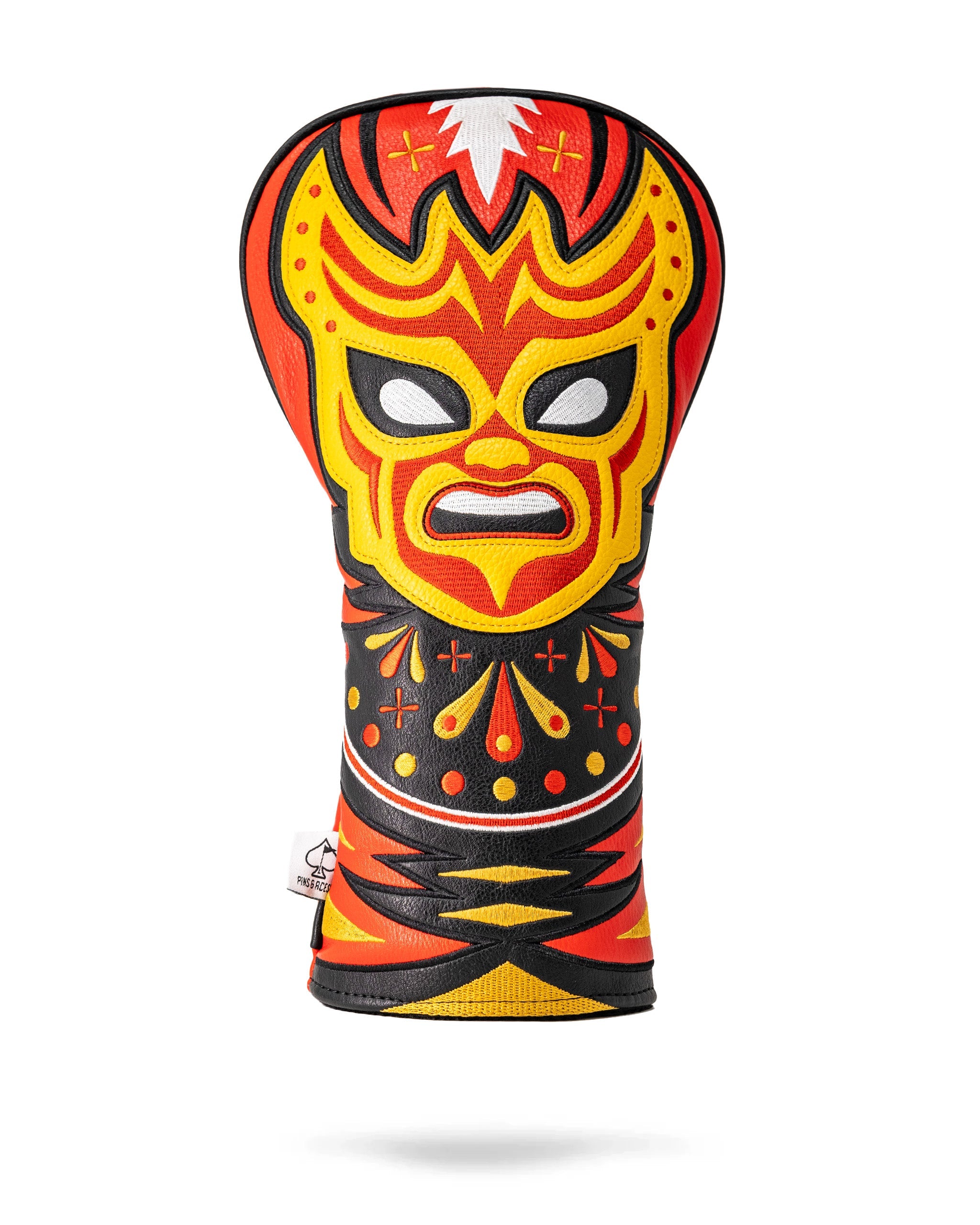 Lucha Libre mask driver cover featuring a vibrant, colorful design with a fierce, stylized face in red, yellow, black, and white.