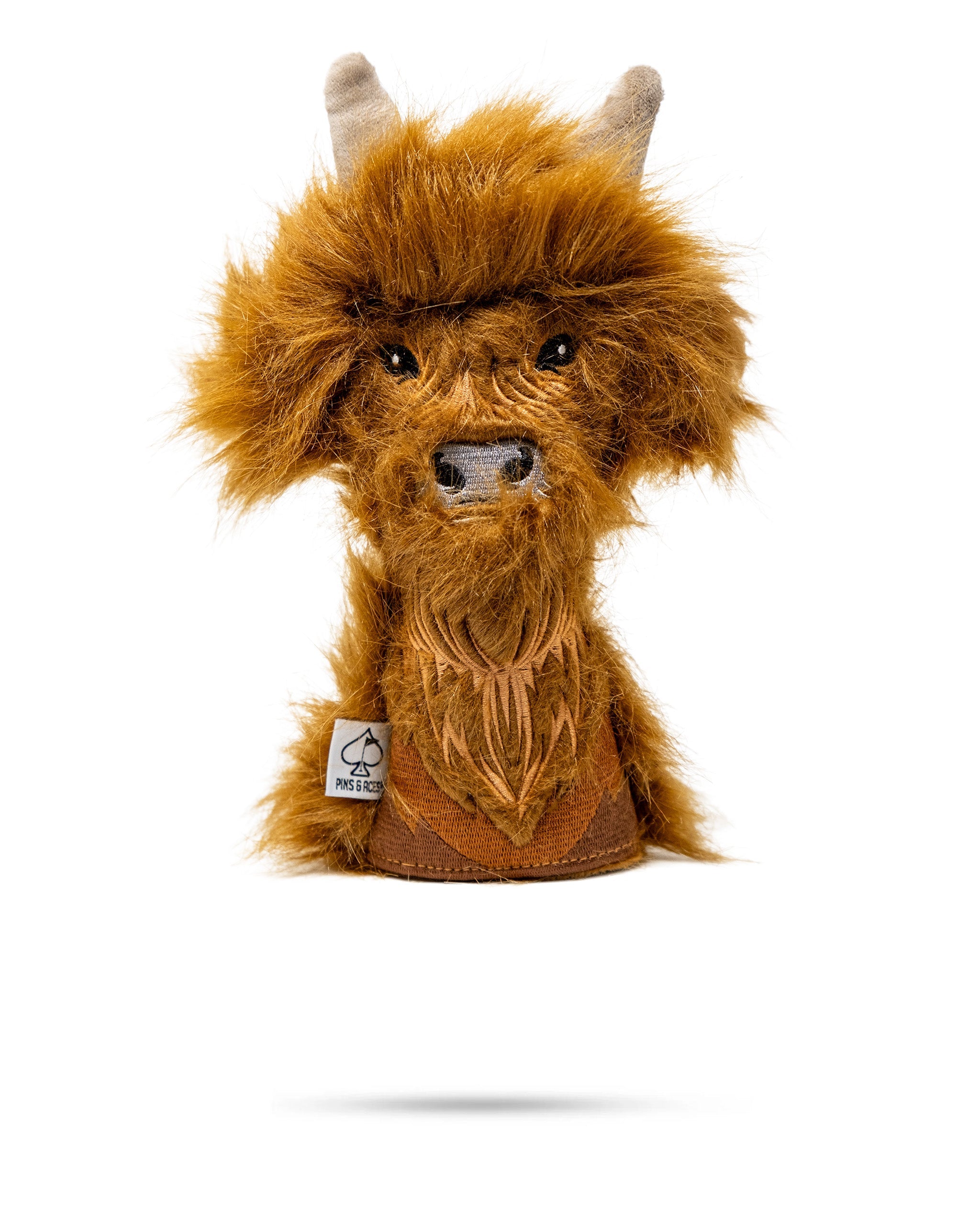 Highland Cow hybrid golf cover with realistic fur, horns, and detailed facial features, designed for golf club protection.