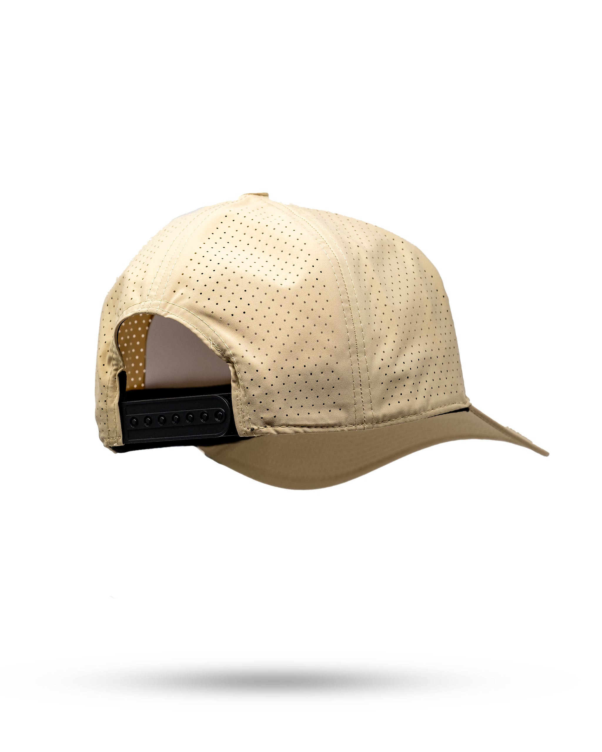 Tradesman Hat in sand color, featuring a mesh back and a centered logo design of divots and dry flies.