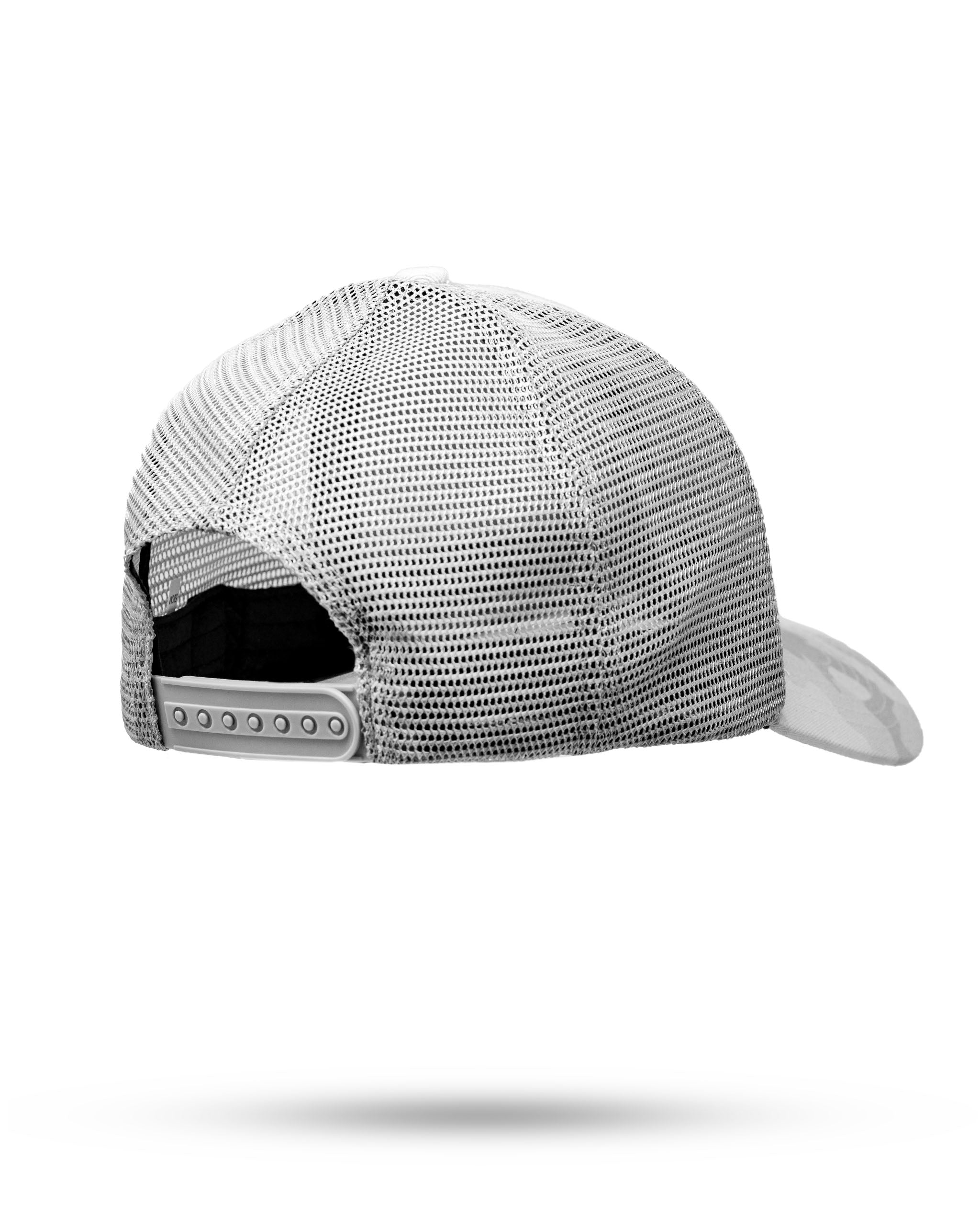 Trucker hat featuring Arctic camo design with a curved bill and mesh back.
