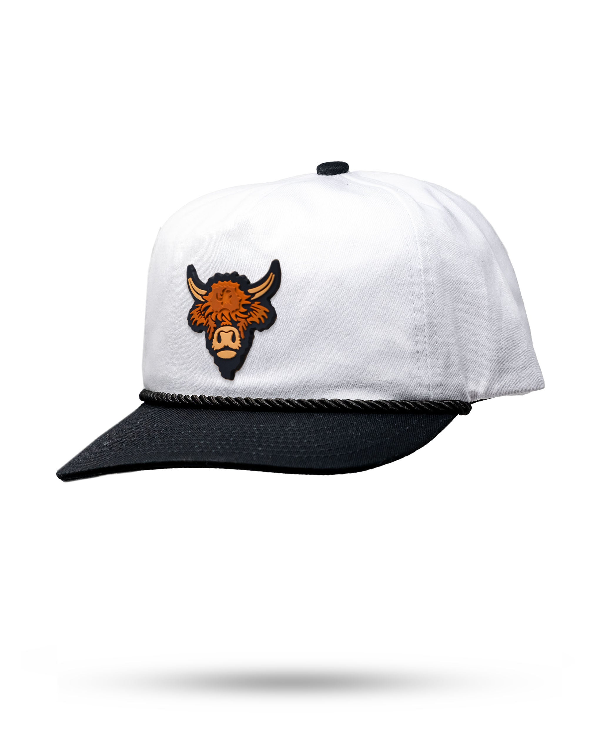 Heritage Rope Hat featuring a Highland Cow design, white crown, black brim, and decorative rope detail.