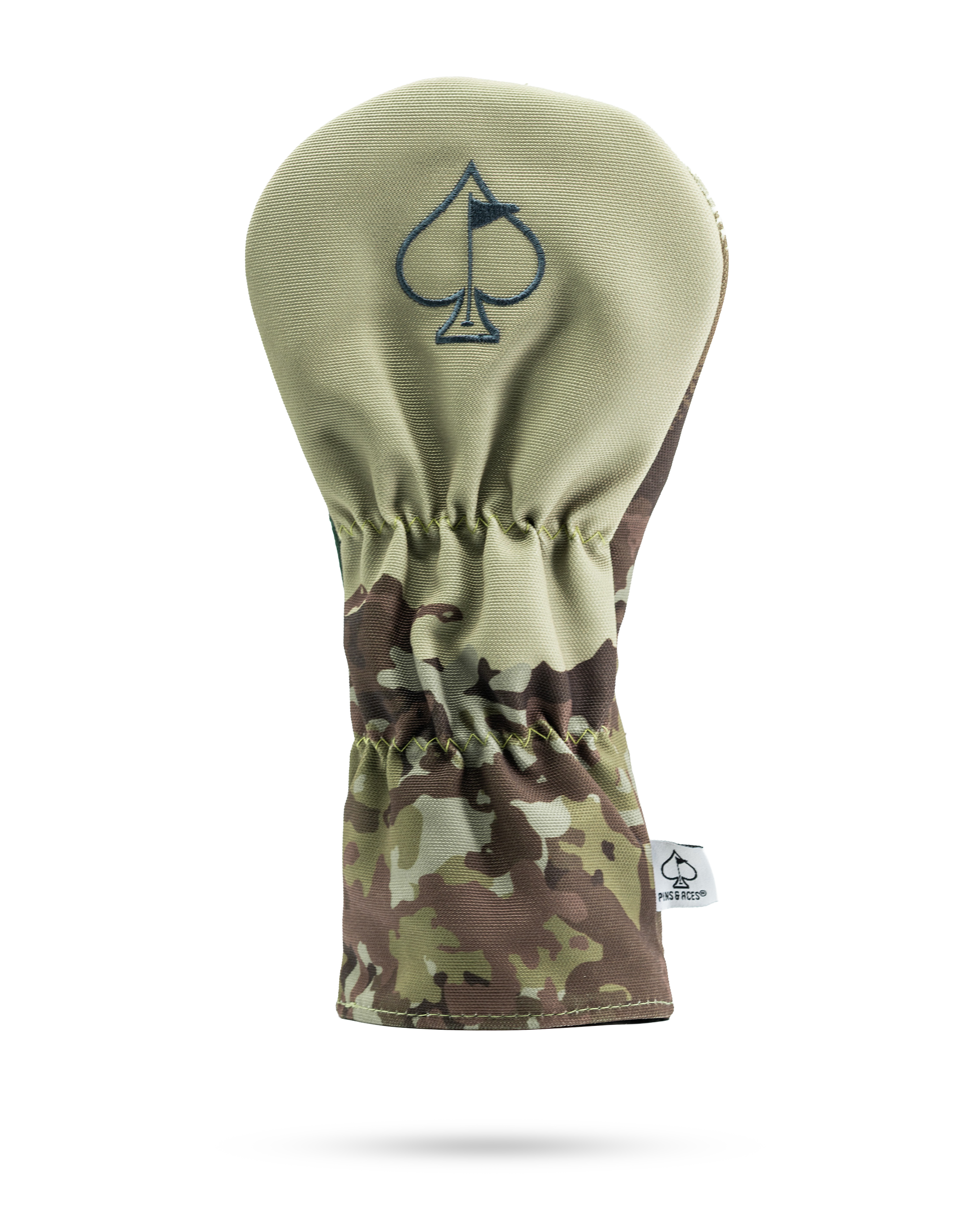 Camouflage driver cover featuring a moose design and spade logo, perfect for golfers seeking unique style on the course.