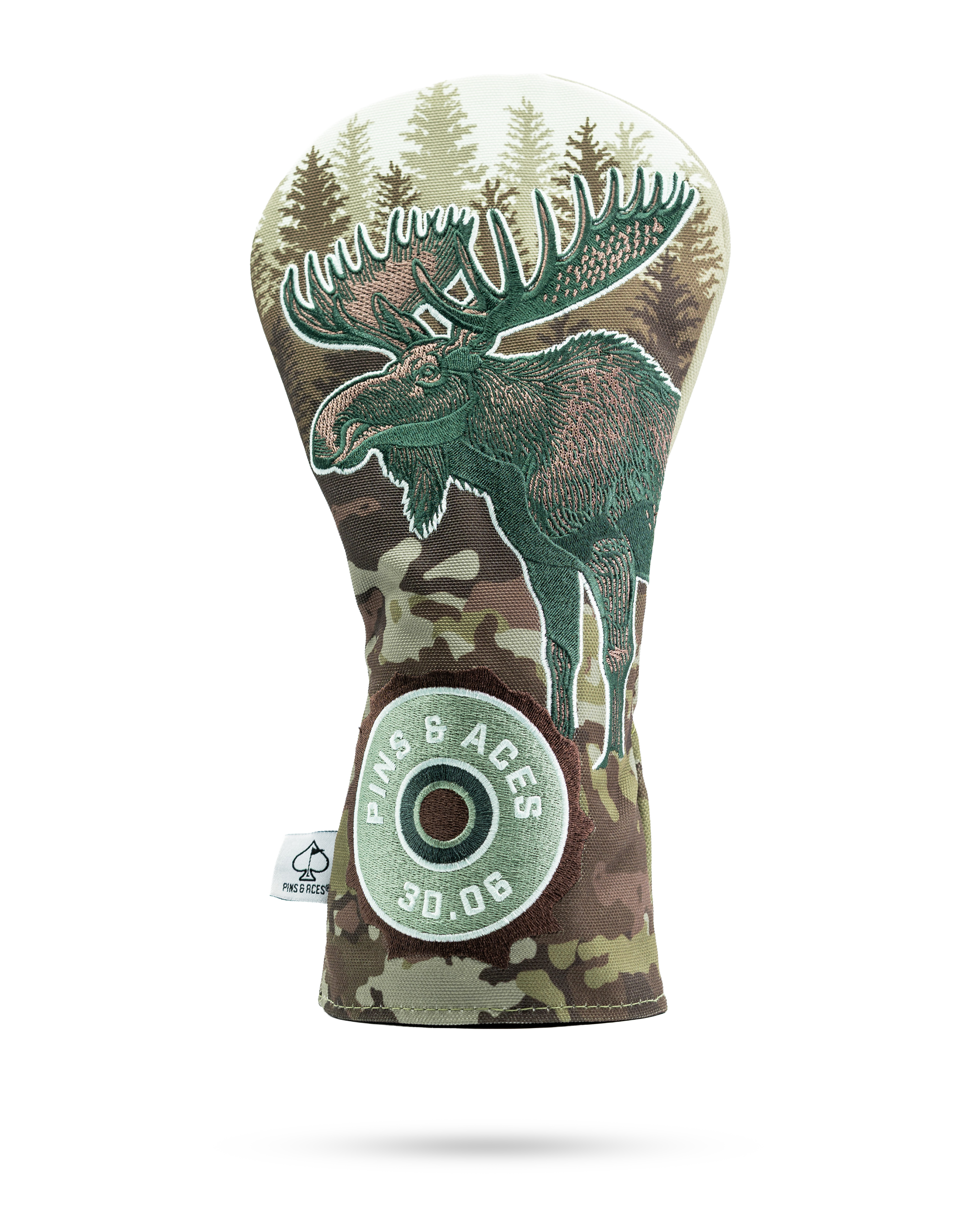 Moose-themed driver cover featuring a detailed moose design on a camouflage background, ideal for standout golf style.