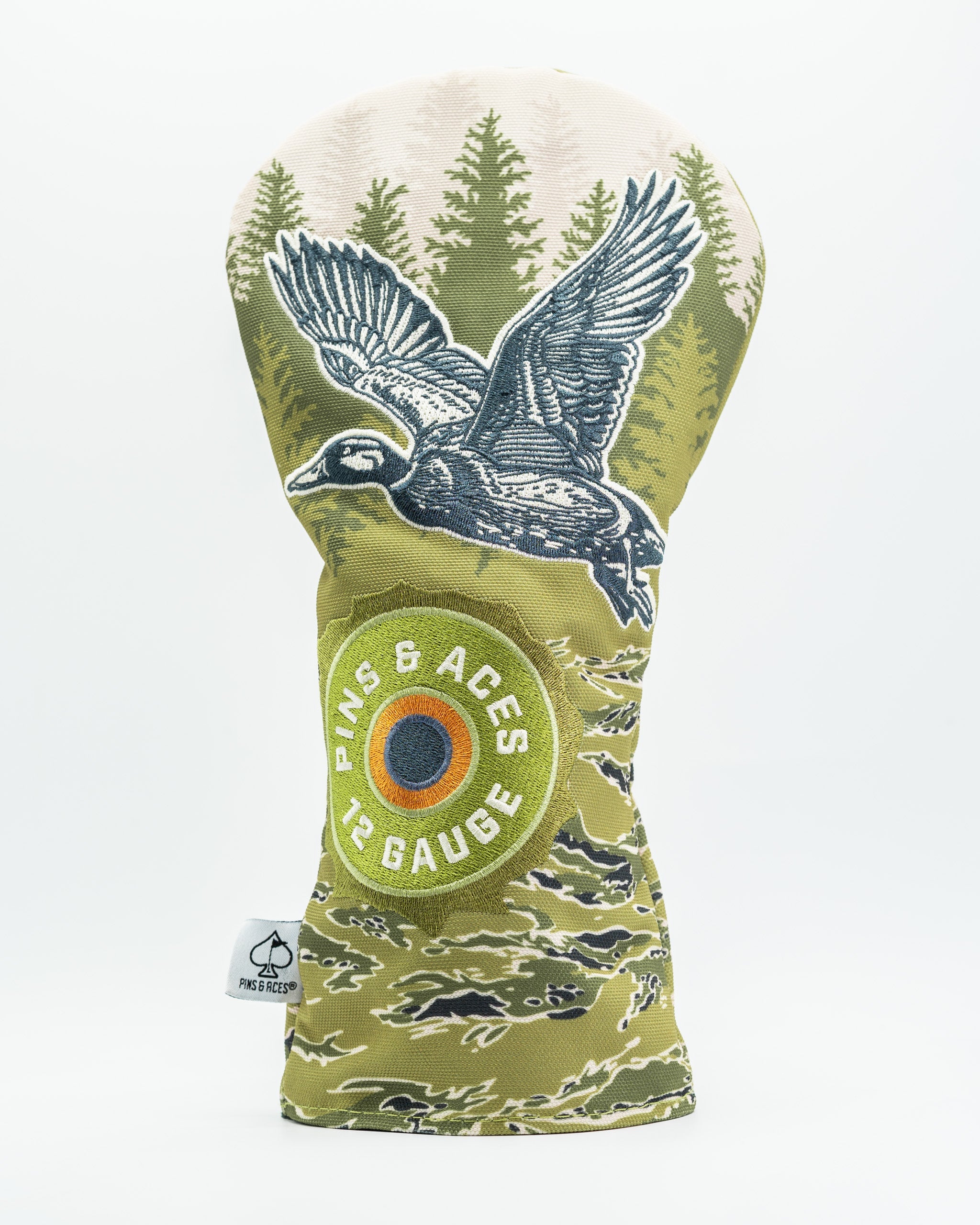 Open Season Mallard driver cover featuring a flying duck design with a camo background, perfect for stylish golfers.