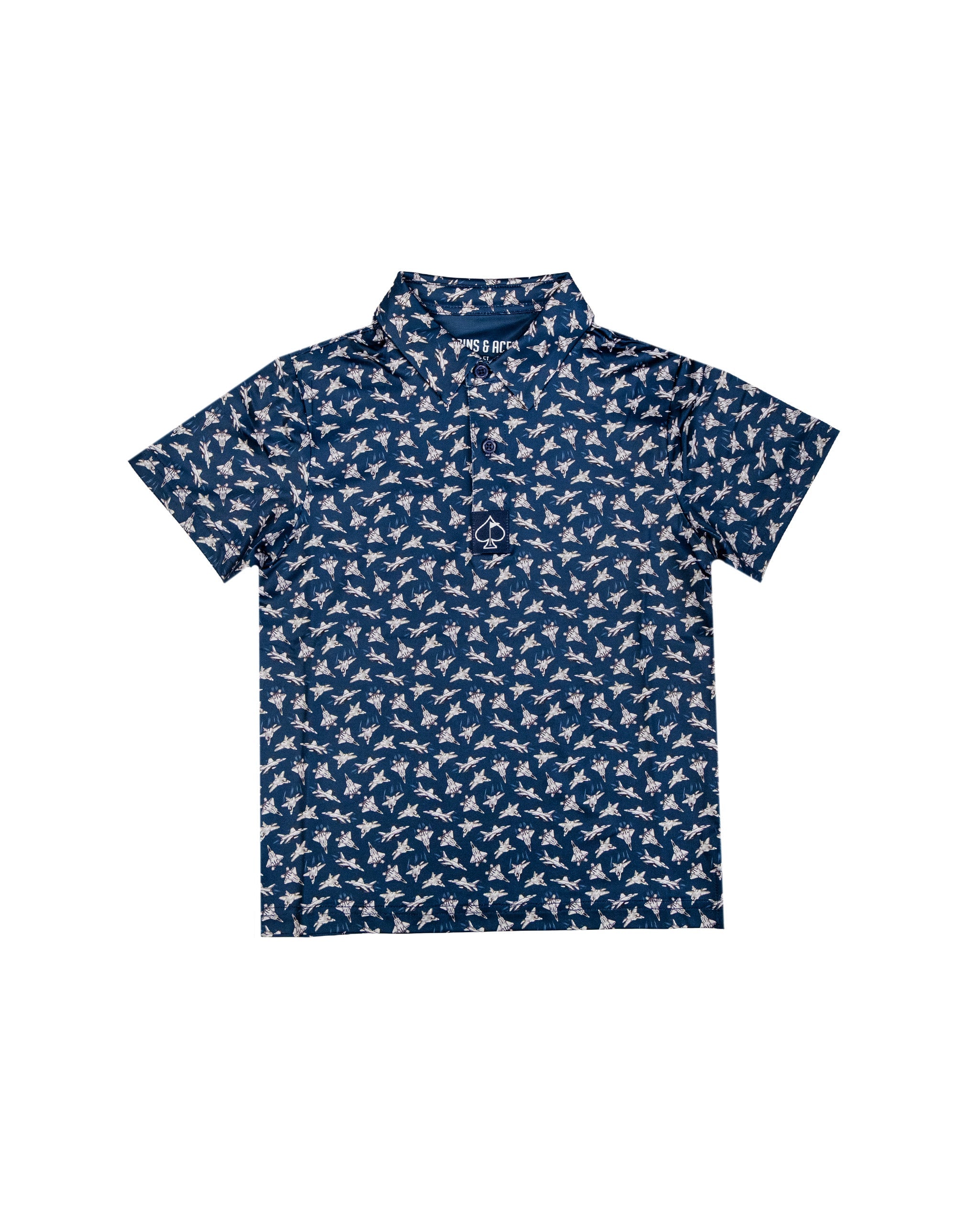 Youth Birds of Steel short-sleeve polo shirt with a navy background and a white bird pattern, featuring a collar and button placket.
