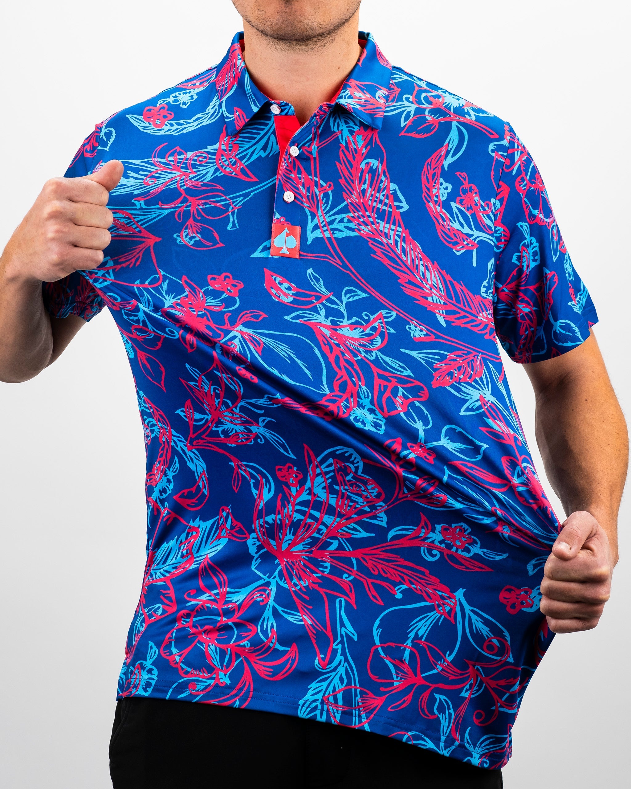Cabo Colada retro polo shirt in vibrant colors against a white background.