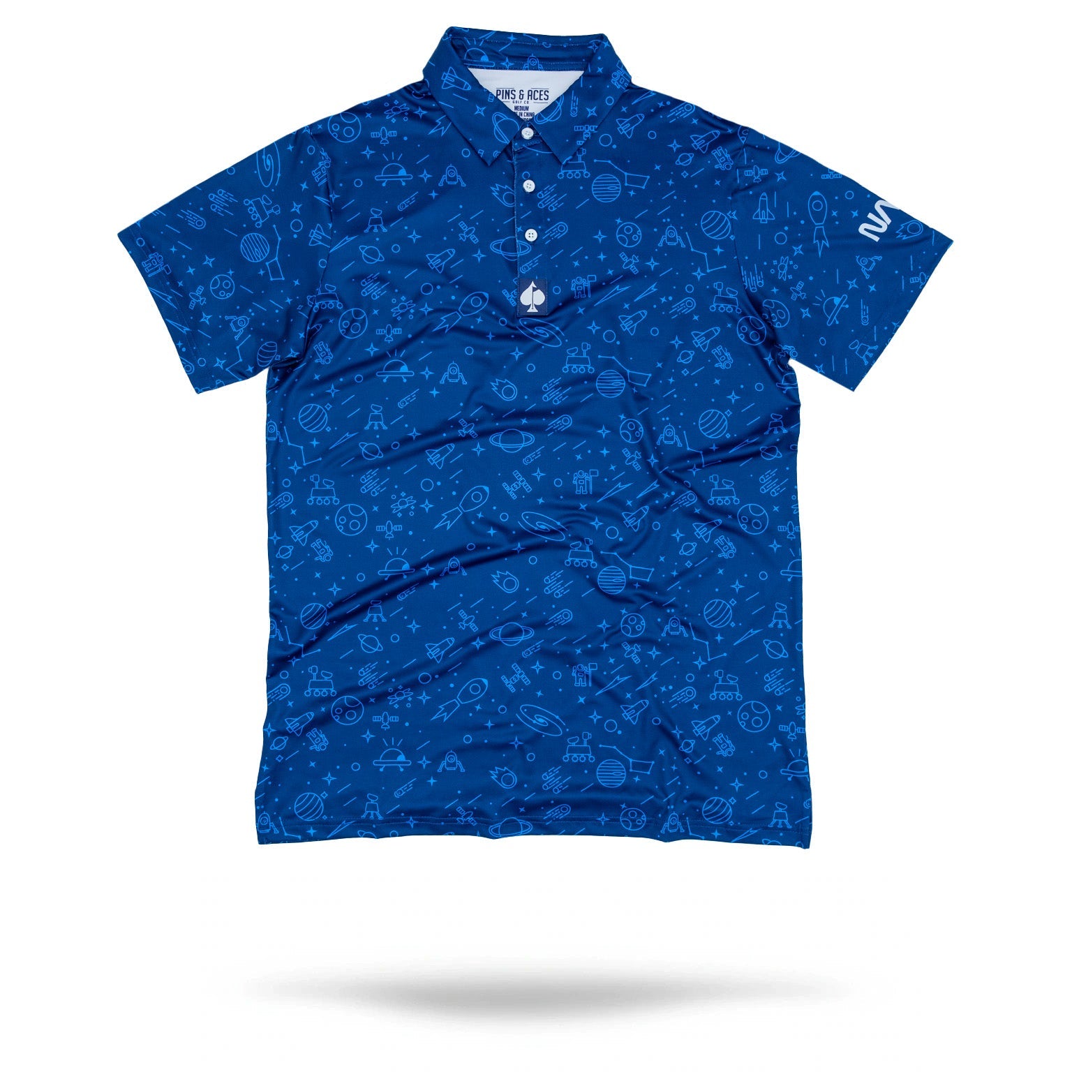 "Men's navy blue NASA polo shirt with embroidered logo."