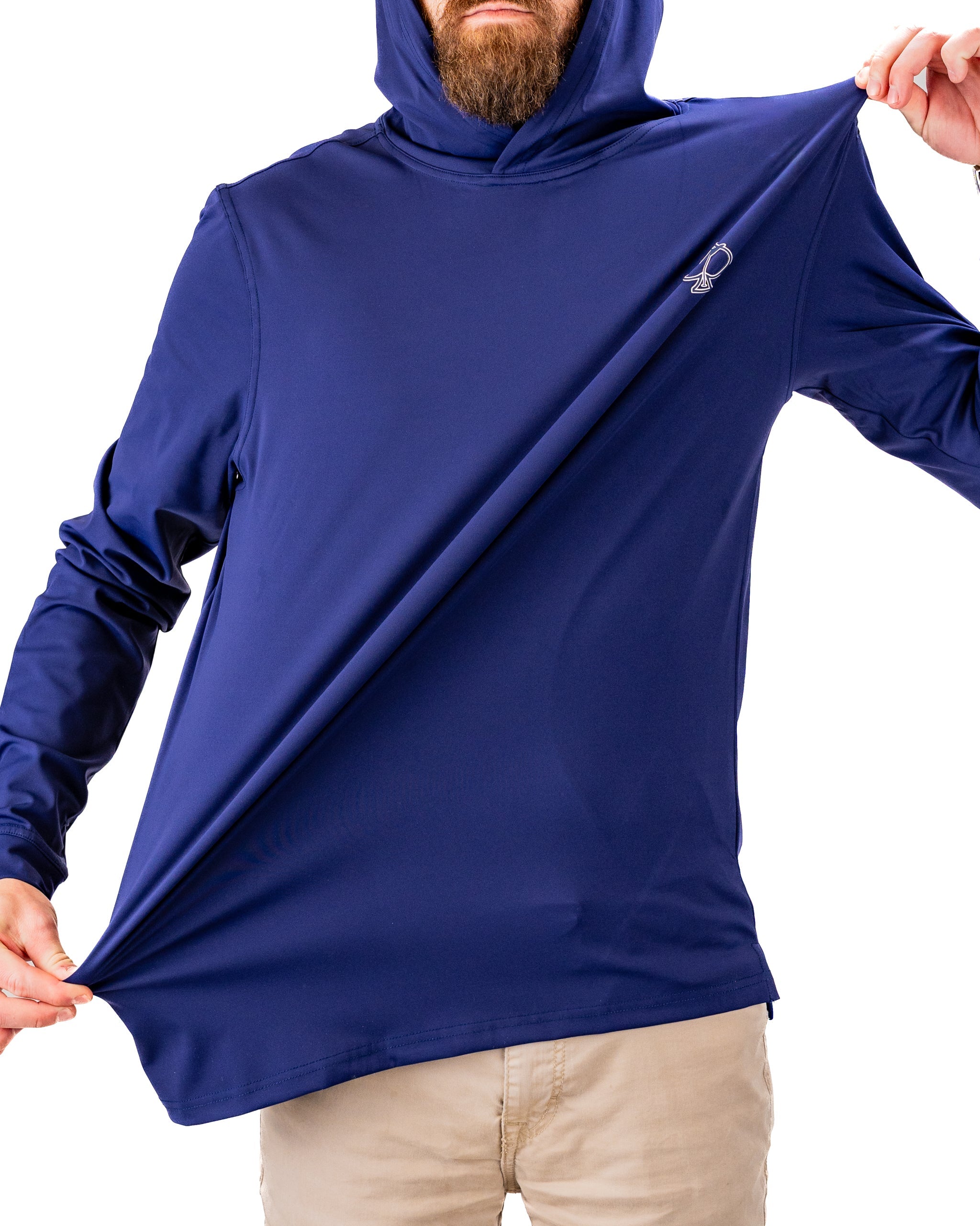 Navy performance golf hoodie being modeled, showcasing its lightweight fabric and comfortable fit for golfers.
