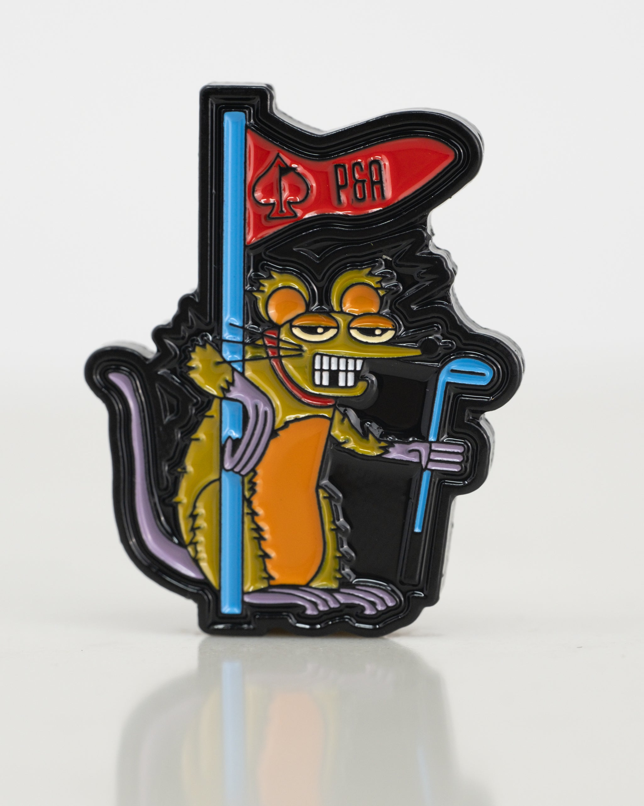 "Range Rat Ball Marker featuring a playful cartoon rat design on a circular metal surface."