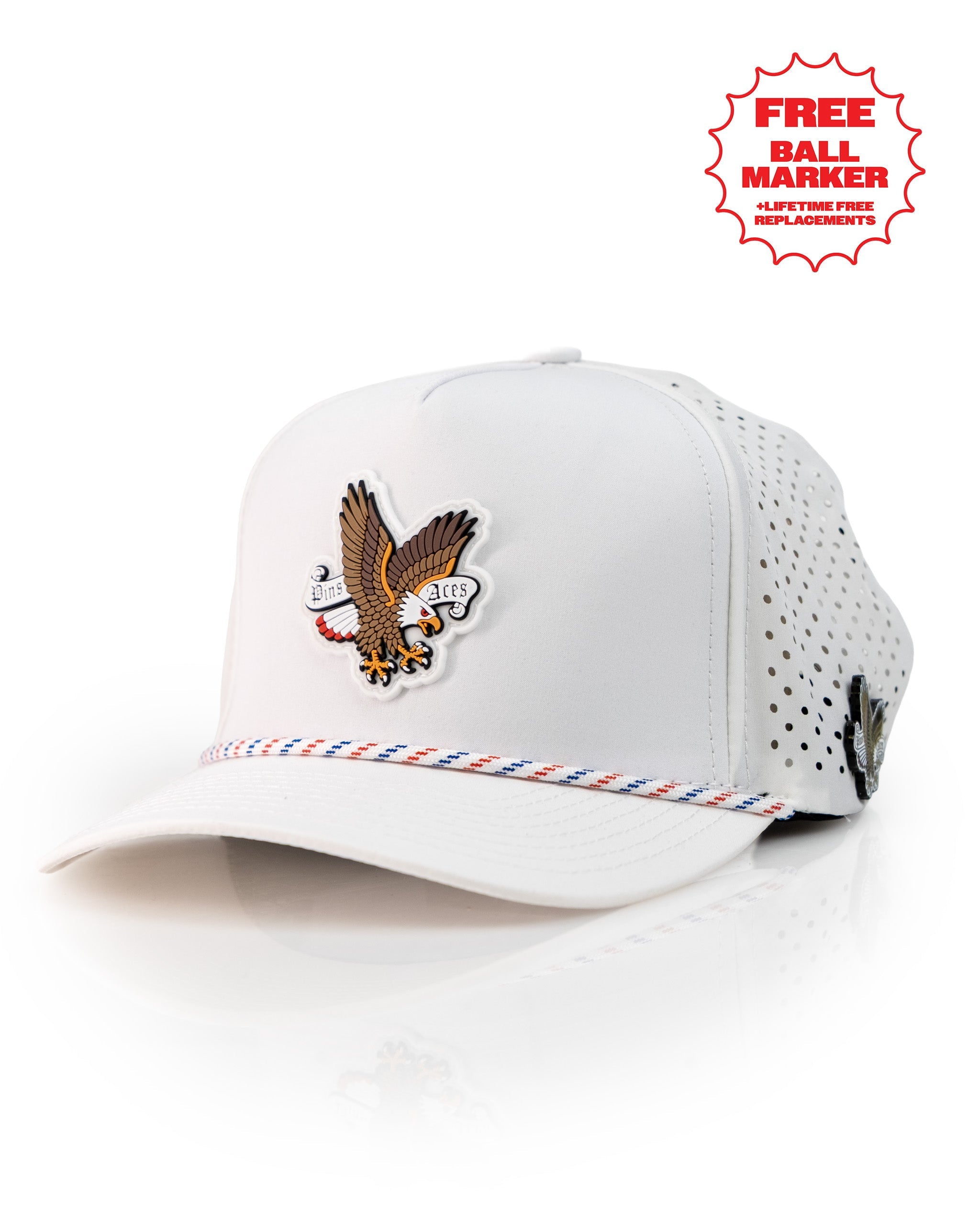 White perforated rope hat featuring a Freedom Eagle design and a decorative stripe. Ideal for stylish golfers.