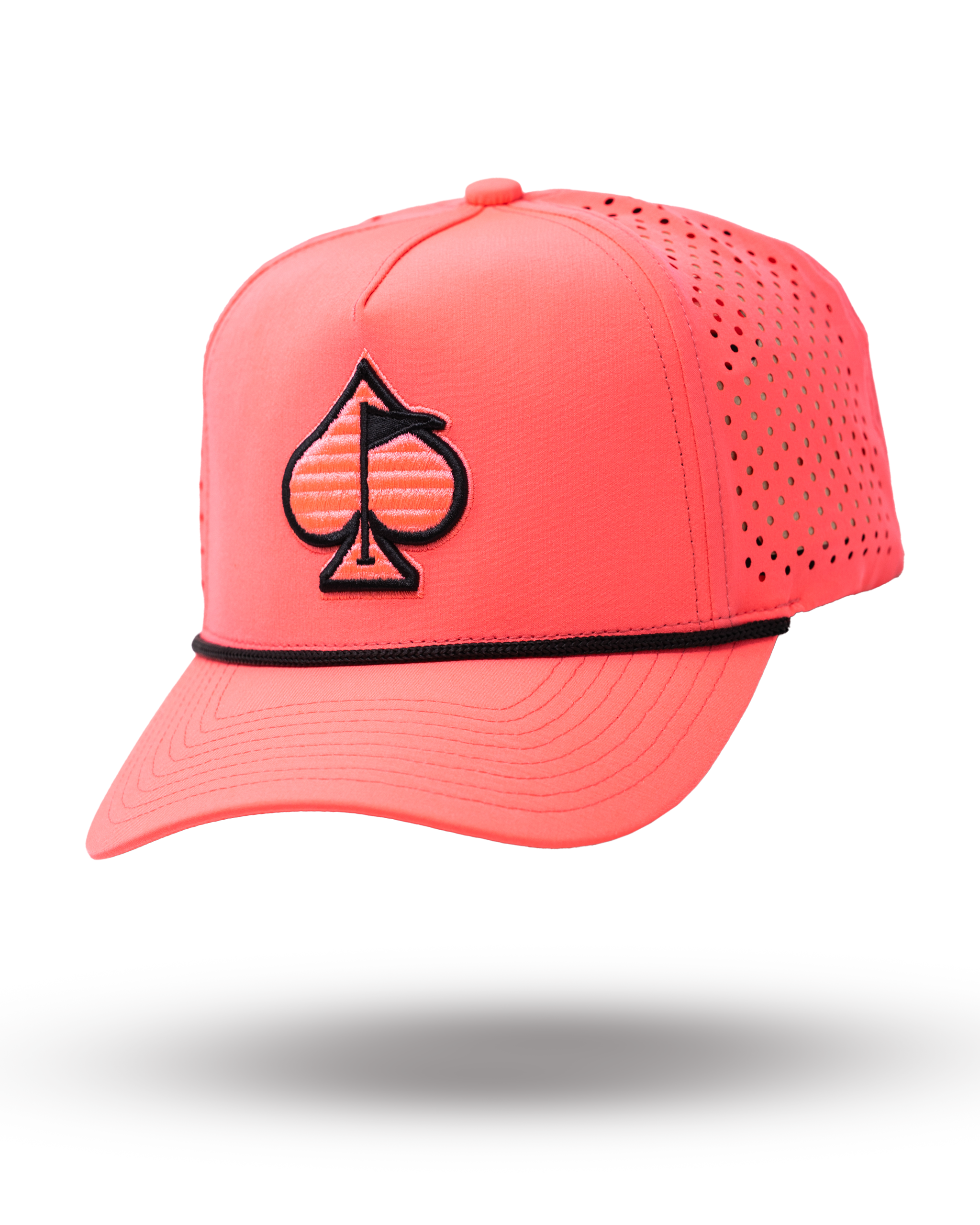 Perforated highlighter pink rope hat with a stylish design, ideal for outdoor activities.