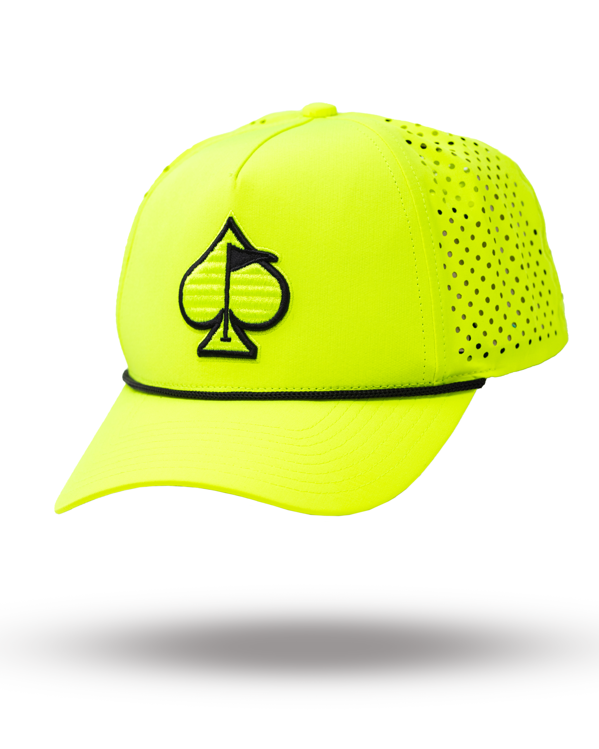 Perforated highlighter yellow rope hat with a wide brim and adjustable strap.