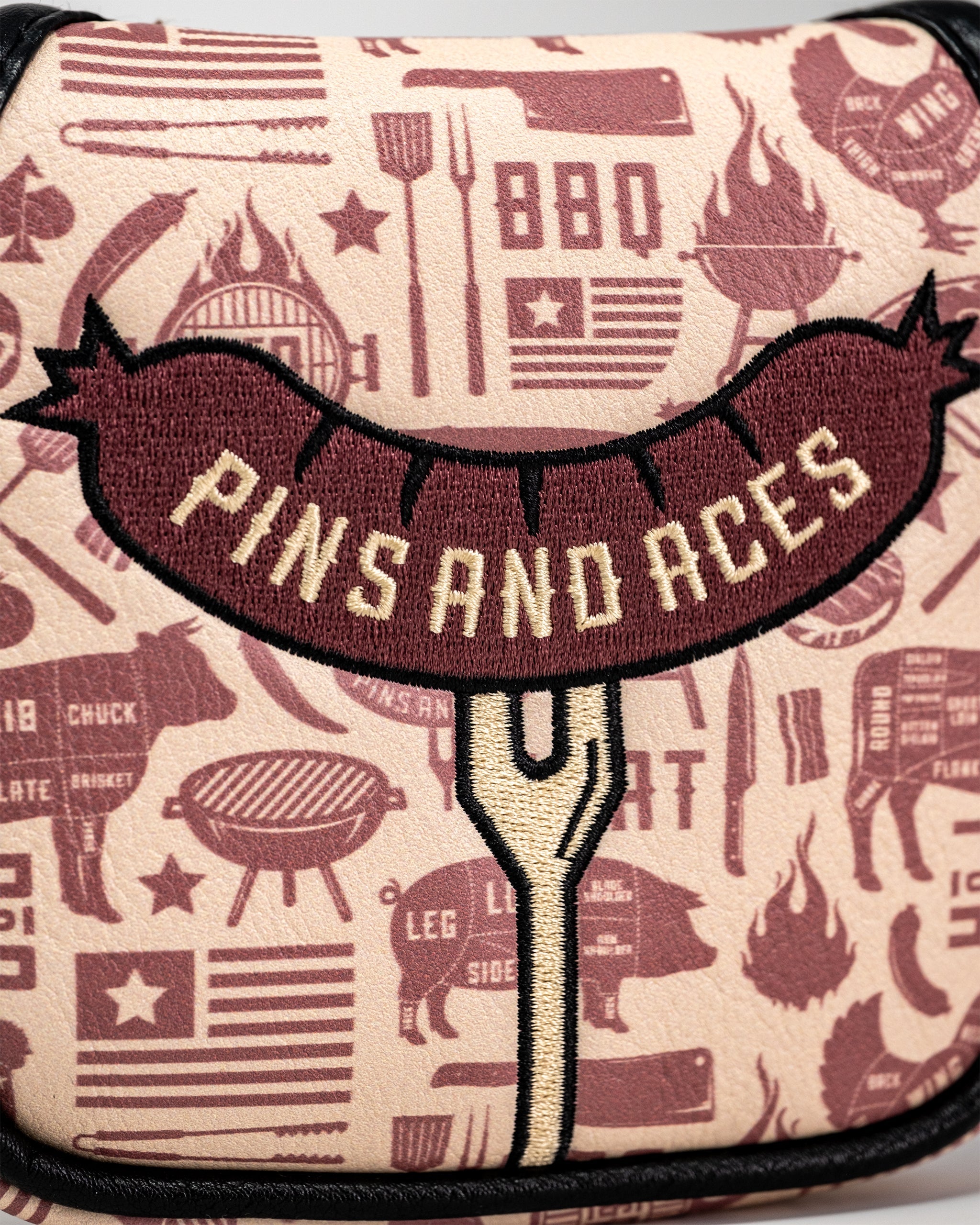 BBQ Links Mallet Cover featuring a vibrant barbecue-themed design with steak, grill tools, and flames on a black background.