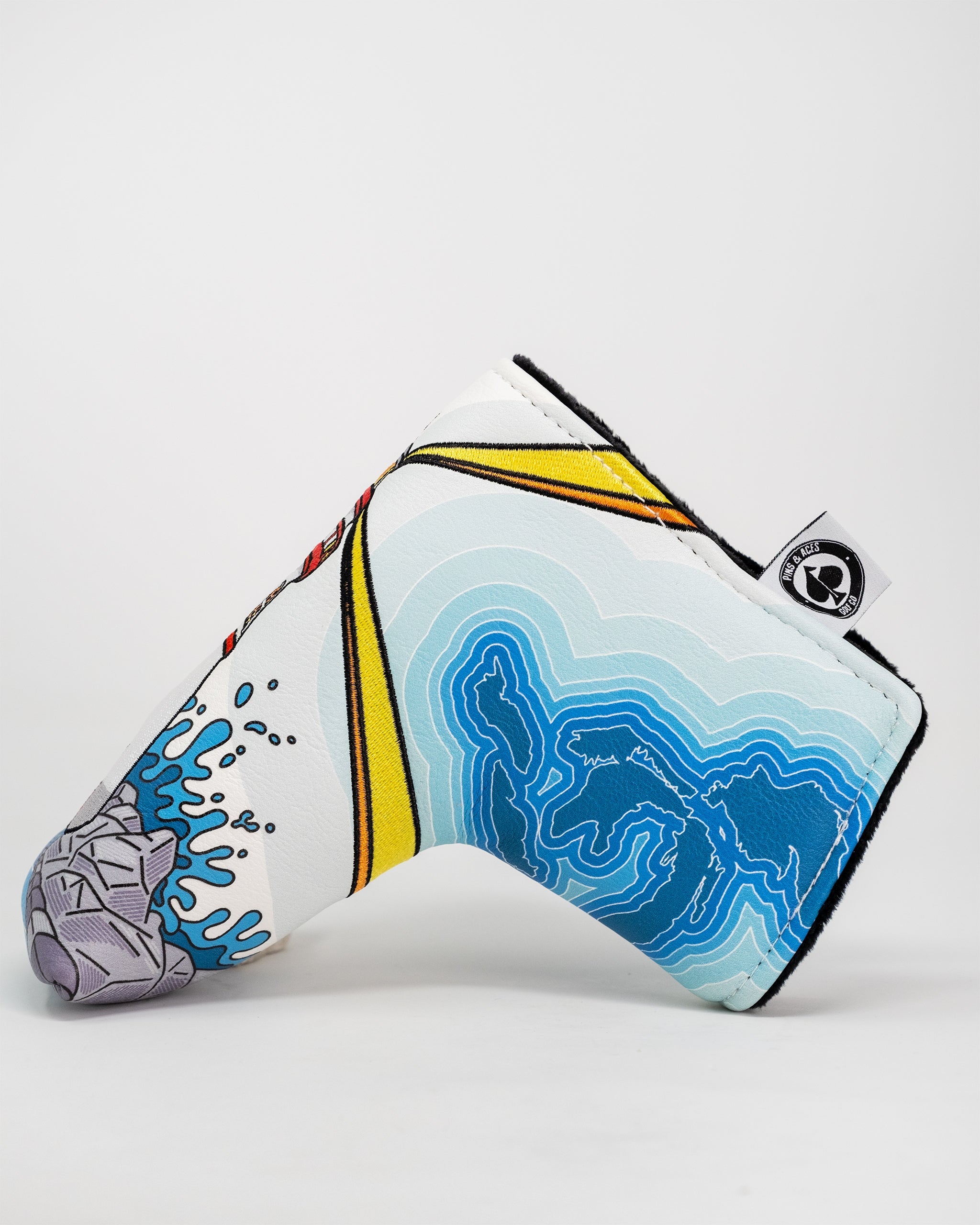 Great Lakes Blade Putter Cover featuring a vibrant design with lakes and nature motifs, perfect for golf enthusiasts.