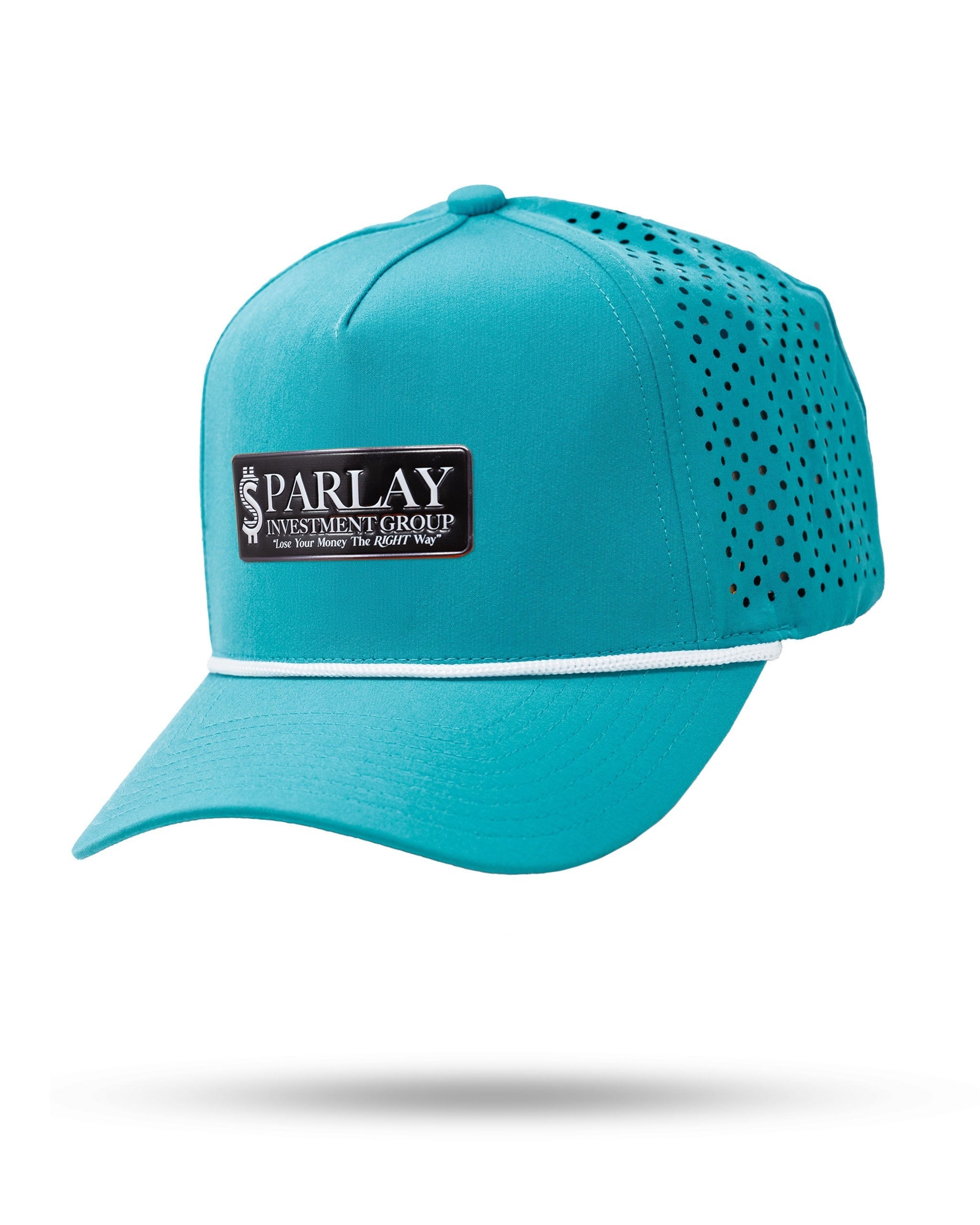 Perforated rope hat in baby blue with a textured design, featuring a classic style and decorative rope detailing.