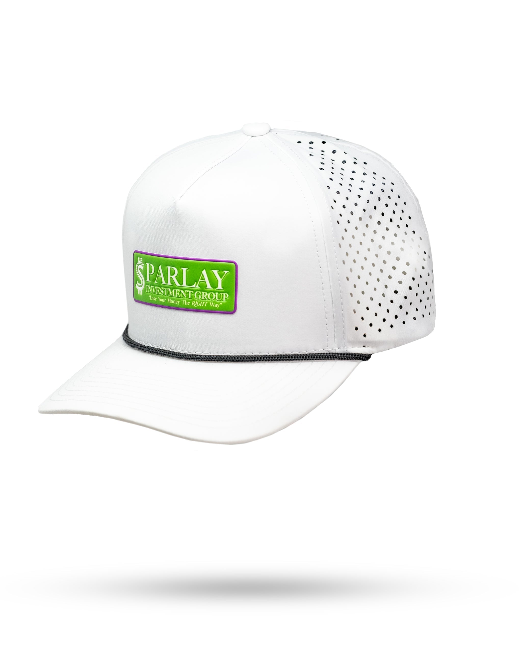 Perforated white rope hat featuring the Parlay Investment Group logo.