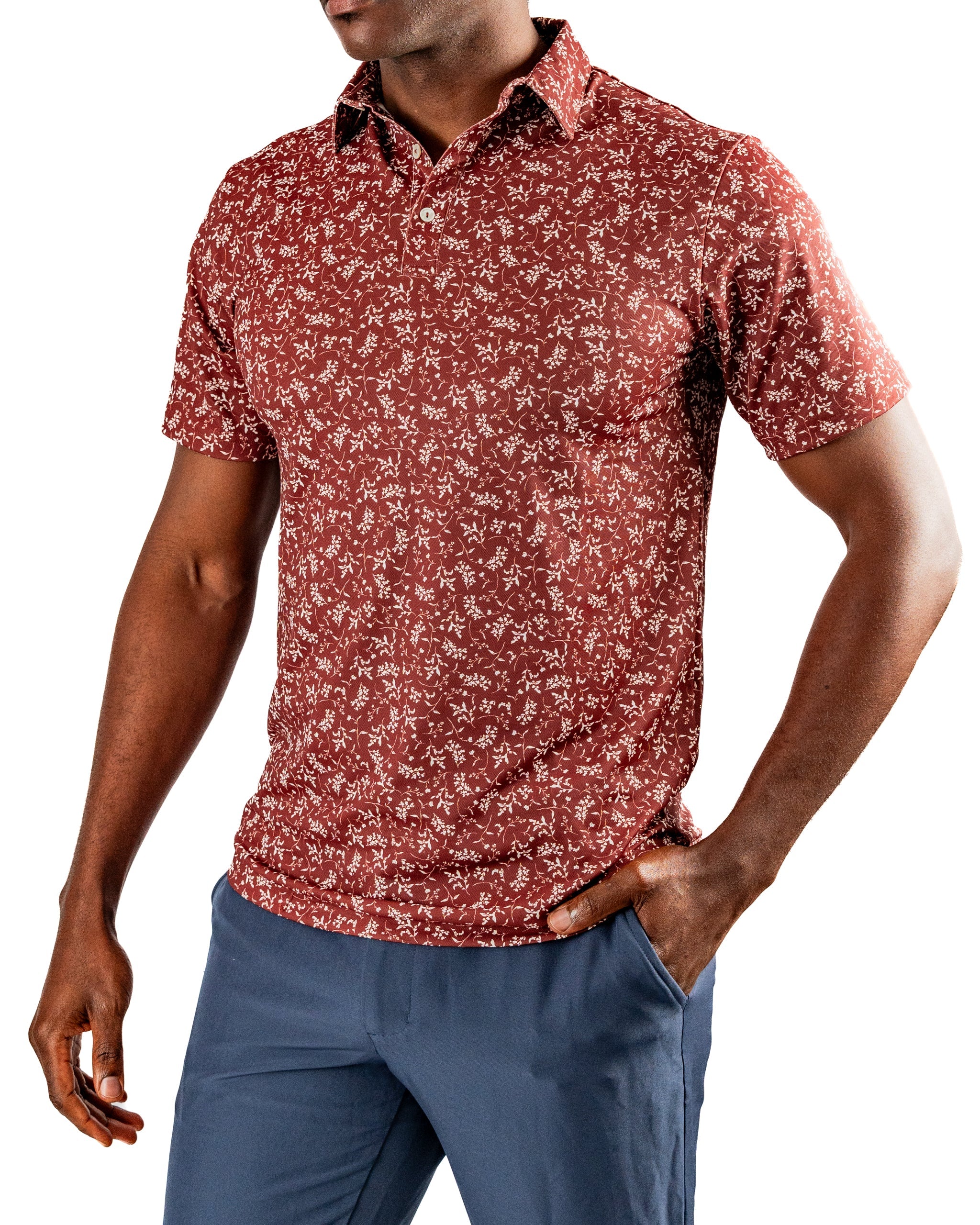 Men's autumn floral polo shirt in rich burgundy with a modern fit, perfect for stylish golf outings.