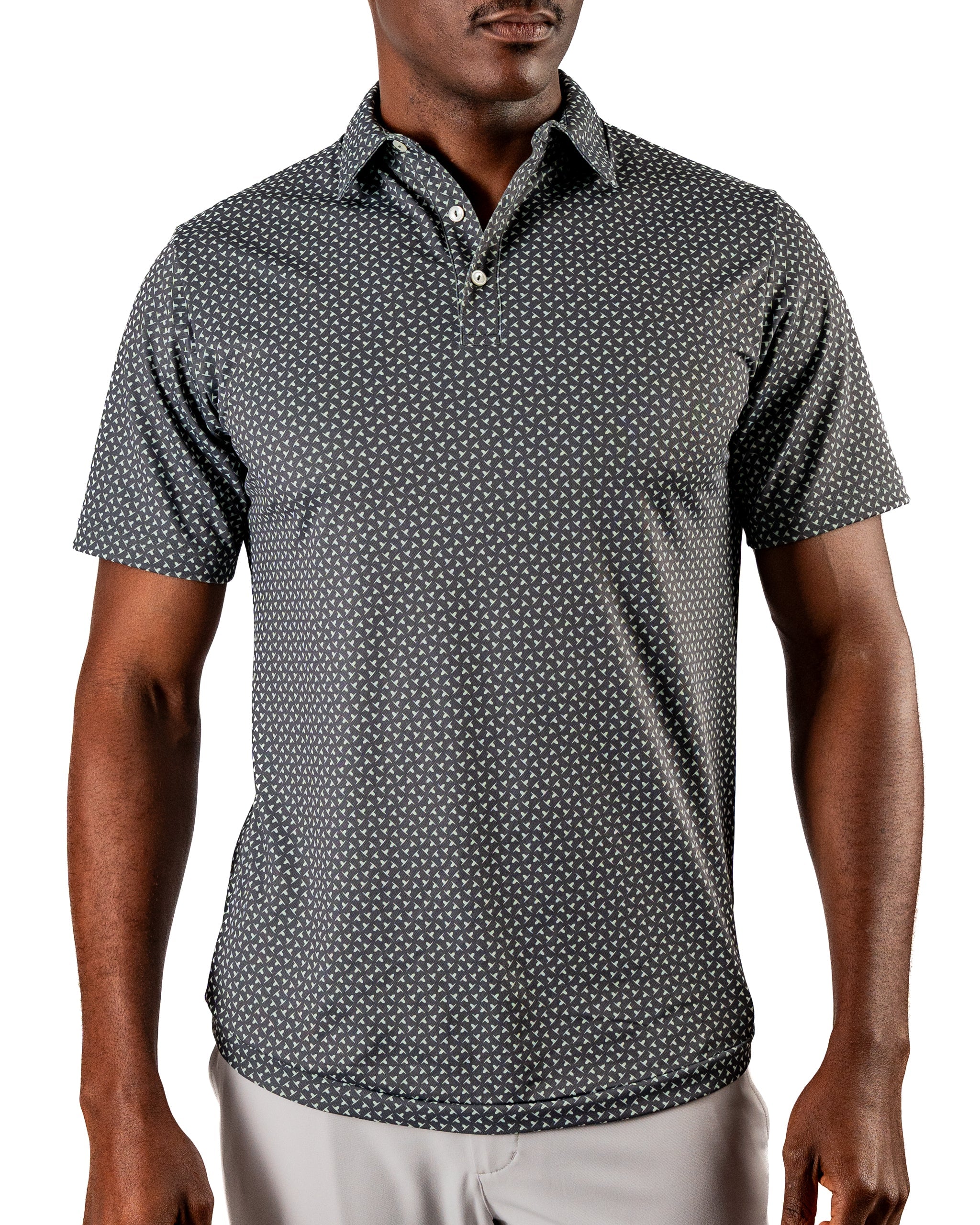 Men's short-sleeve polo shirt in dark gray with a subtle jade drop pattern, perfect for stylish golf outings.