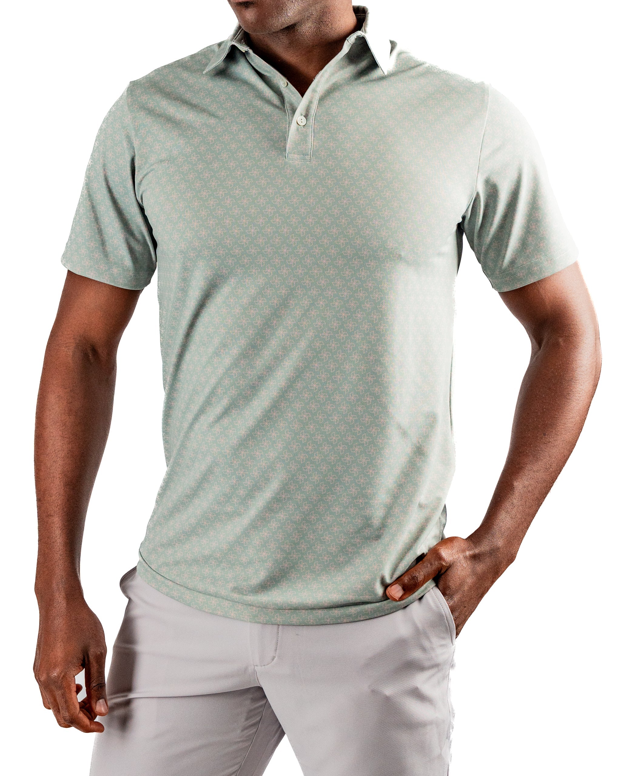 Men's light green polo shirt with a subtle origami pattern, perfect for stylish golf outings.
