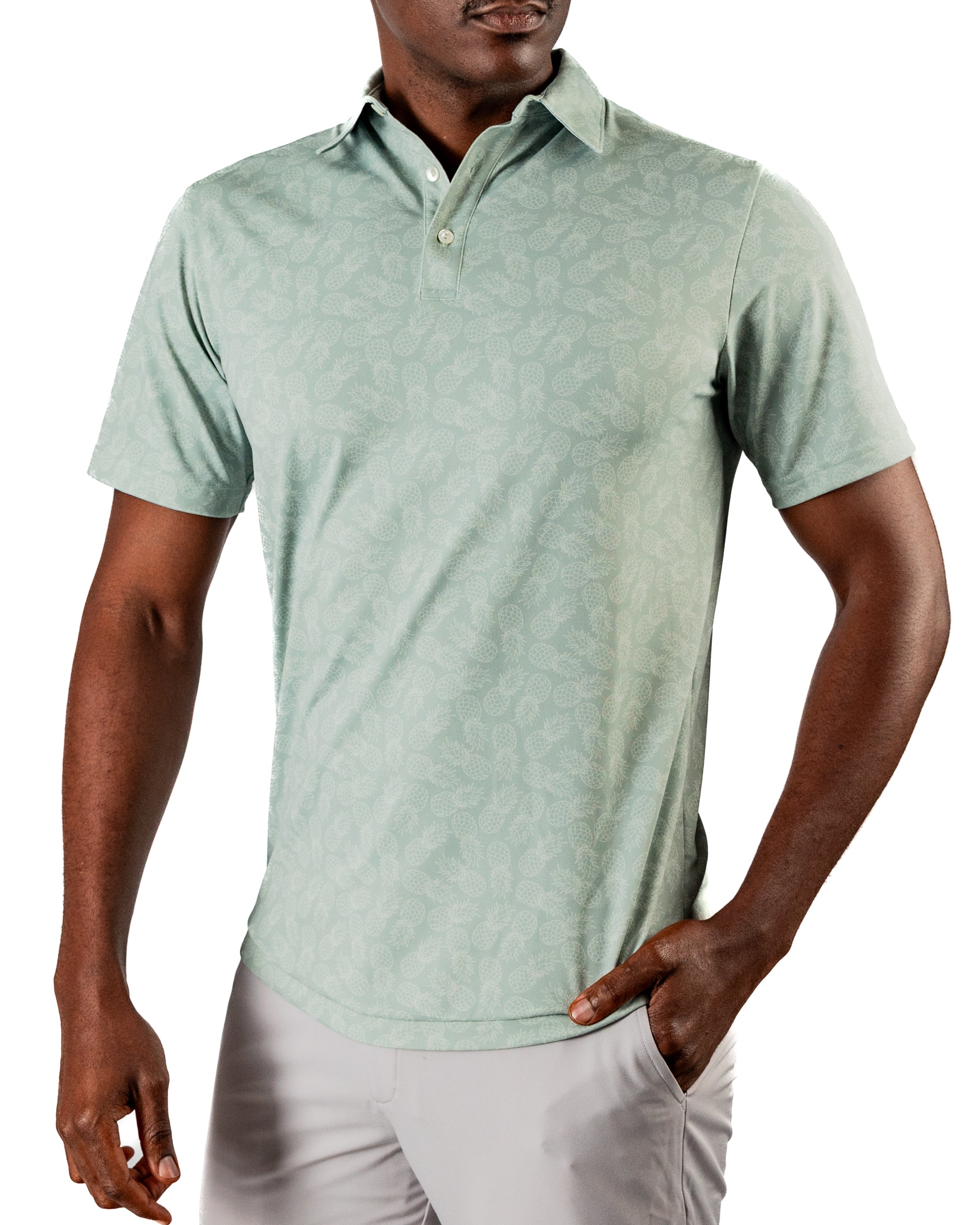 Men's light green polo shirt featuring a subtle pineapple pattern, perfect for stylish golf outings.