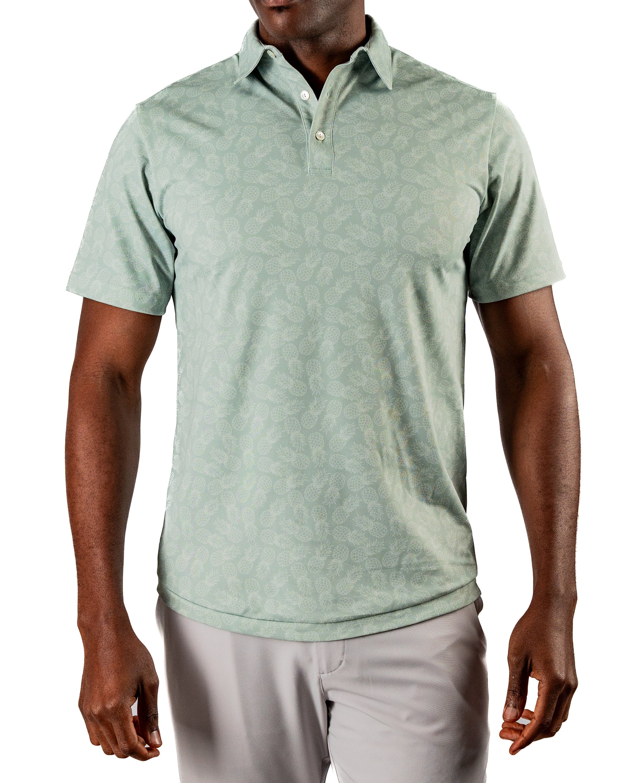 Men's short-sleeve golf polo in light green featuring a subtle pineapple pattern, perfect for stylish performance on the course.