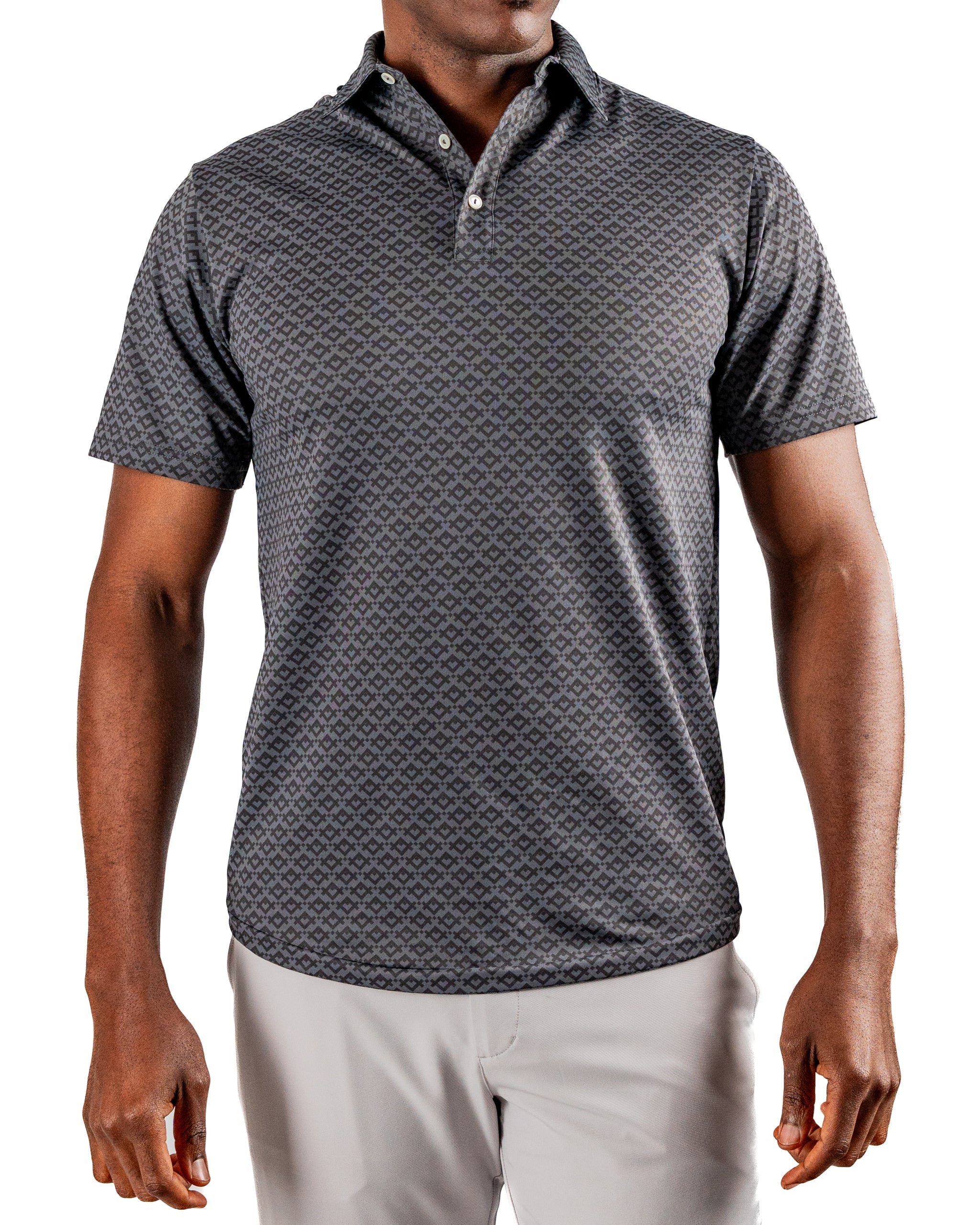 Men's short-sleeve polo shirt in slate gray with a subtle mosaic pattern, ideal for stylish golf outings.