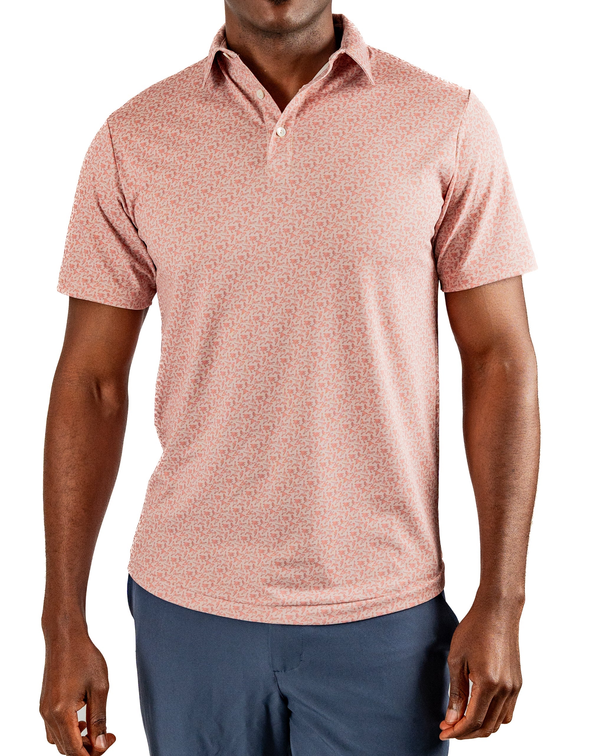 Men's short-sleeve golf polo in light pink with a subtle geometric pattern, perfect for stylish performance on the course.