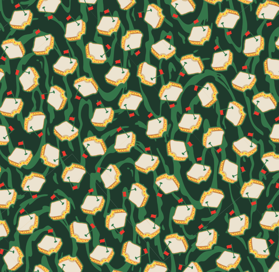 Bold pattern featuring dancing pimento cheese sandwiches on a green background, ideal for unique golf apparel and accessories.