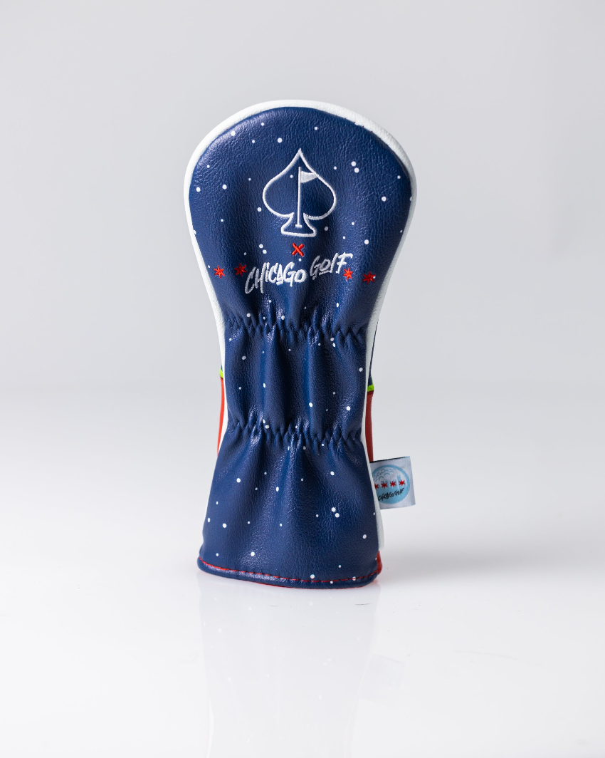 Bold navy golf headcover featuring a spade logo and "Chicago Golf" text, designed for standout style on the course.