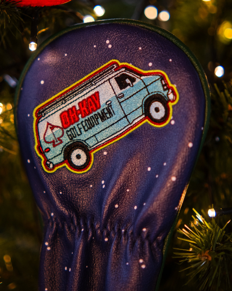 Bold blue fairway cover featuring a playful van design, perfect for golfers wanting to stand out on the course.