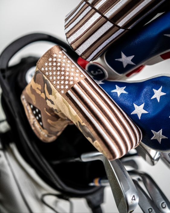 Folds of Honor 2.0 Blade Putter Cover featuring patriotic designs in camouflage and stars and stripes patterns.