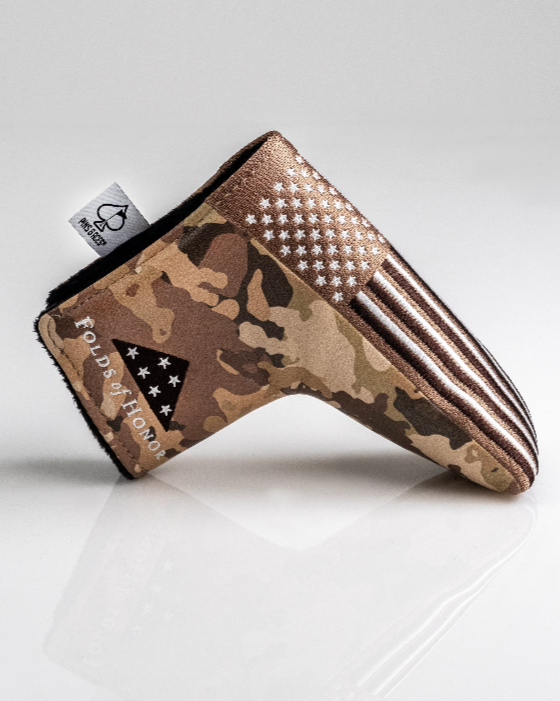 Camouflage blade putter cover featuring the Folds of Honor logo and American flag design, perfect for stylish golfers.