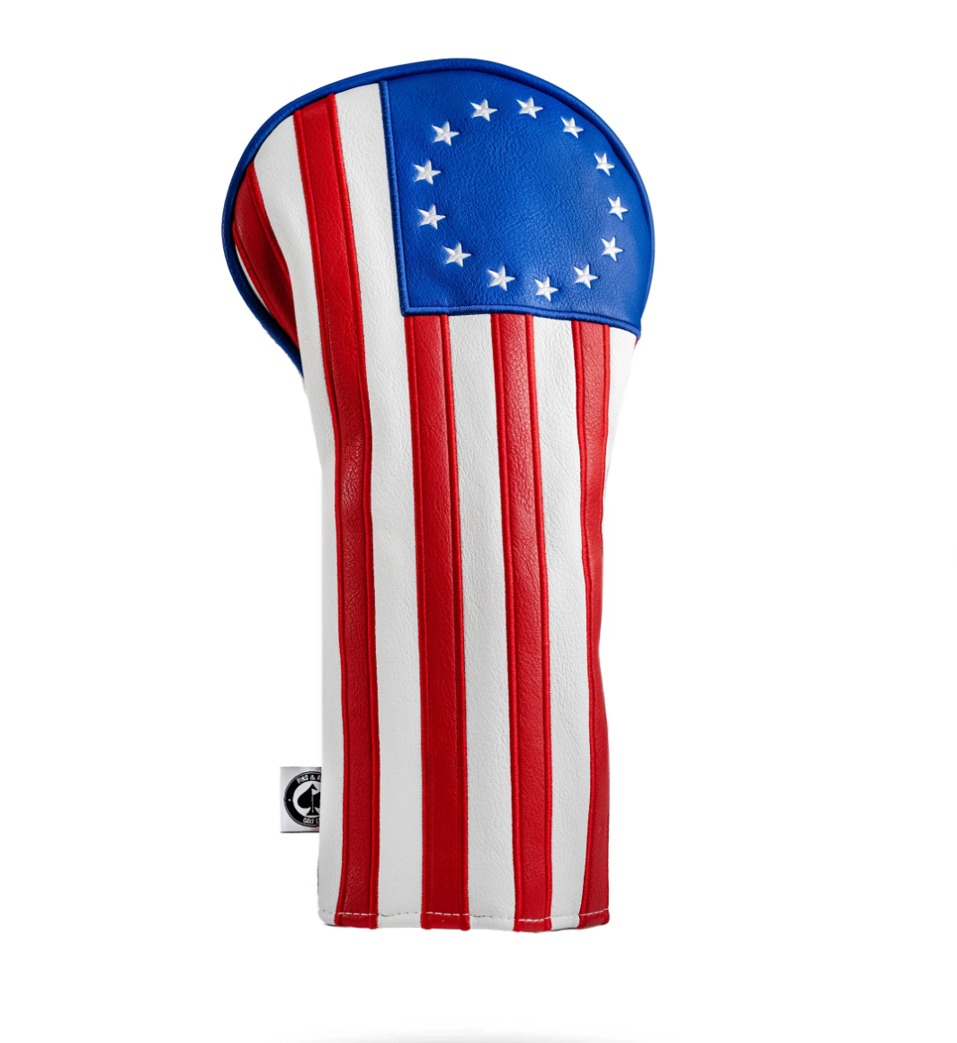 Betsy Ross driver cover featuring a bold design with red and white stripes and a blue star field, perfect for golfers.