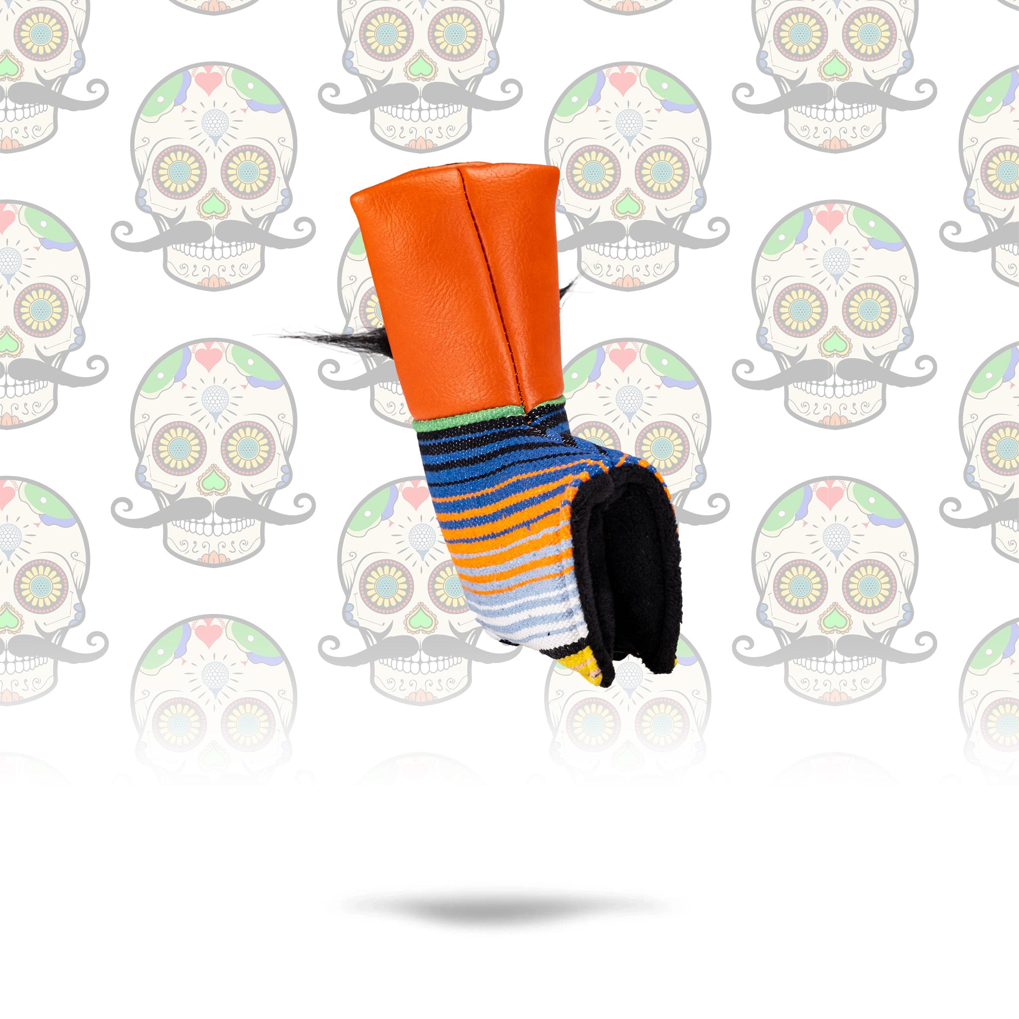 Orange mustache sugar skull blade putter cover featuring intricate designs and vibrant colors.