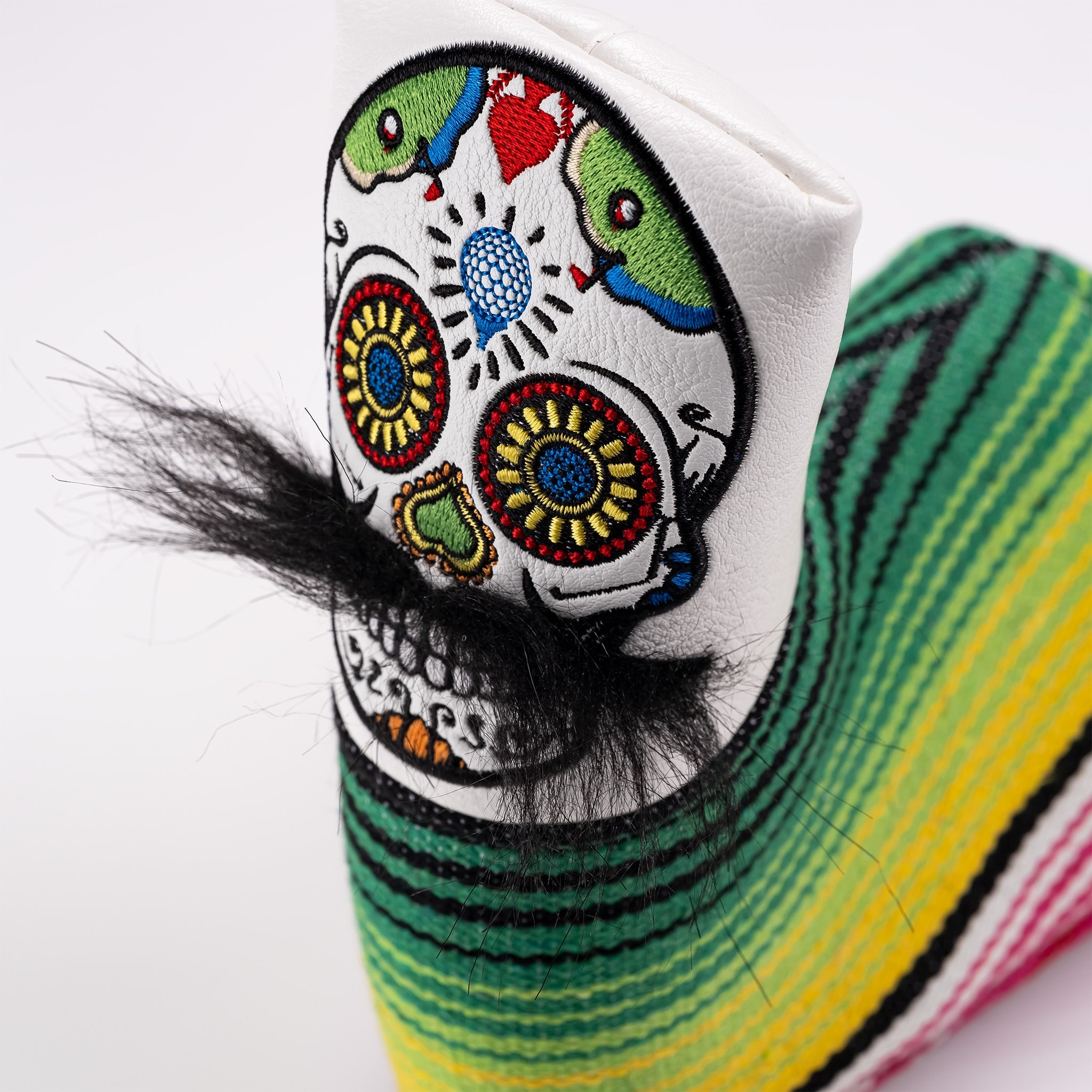 Mustache Sugar Skull design Blade Putter Cover in white, featuring colorful, intricate patterns and a secure fit for golf clubs.