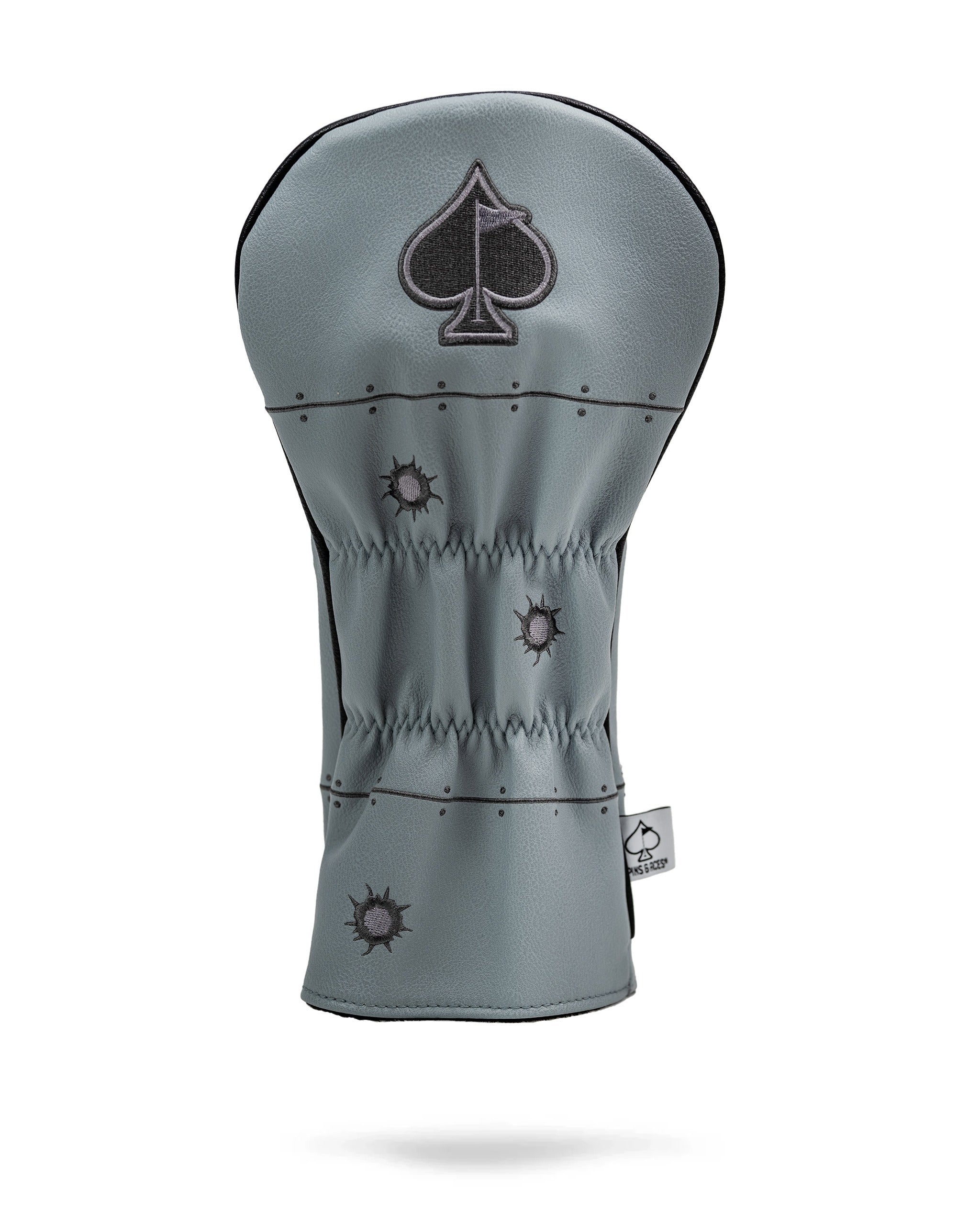 Stylish gray driver cover featuring a spade logo and unique design elements, perfect for bold golfers.